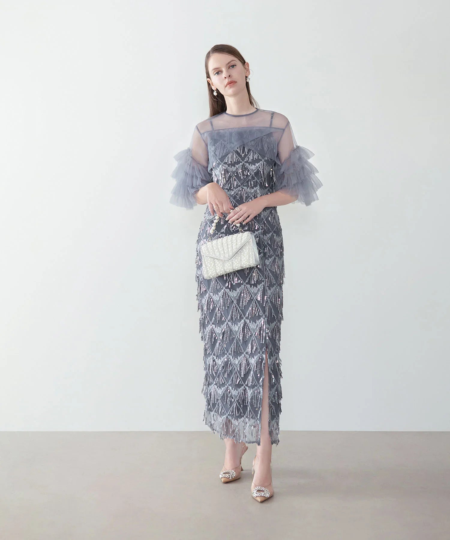 【当日発送】フリルチュールボレロフリンジスパンコールIラインワンピースドレス