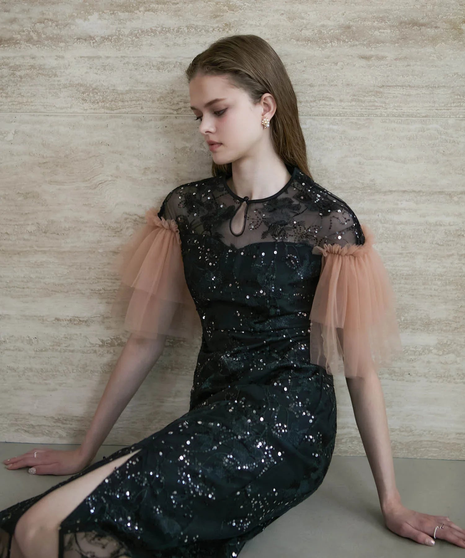 【当日発送】フラワースパンコールチュールスリーブIラインドレス