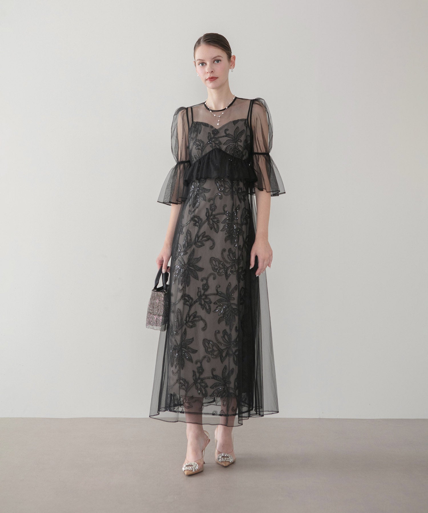 【COMING SOON】フラワースパンコールチュールシアーワンピースキャミワンピースドレス