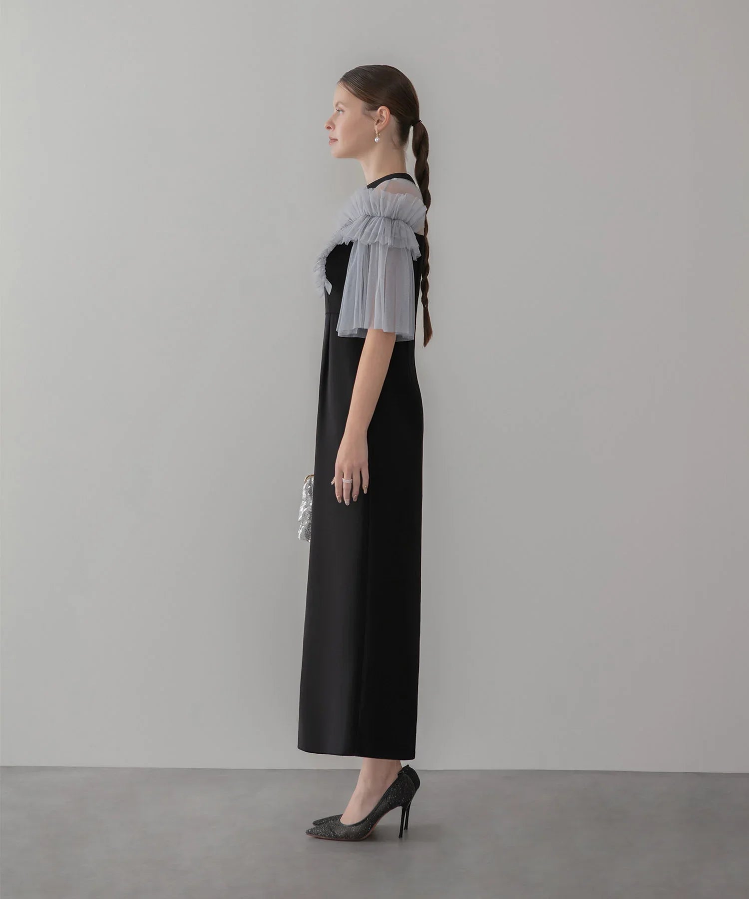 当日発送】チュールフリルショルダーシアーIラインワンピースドレス