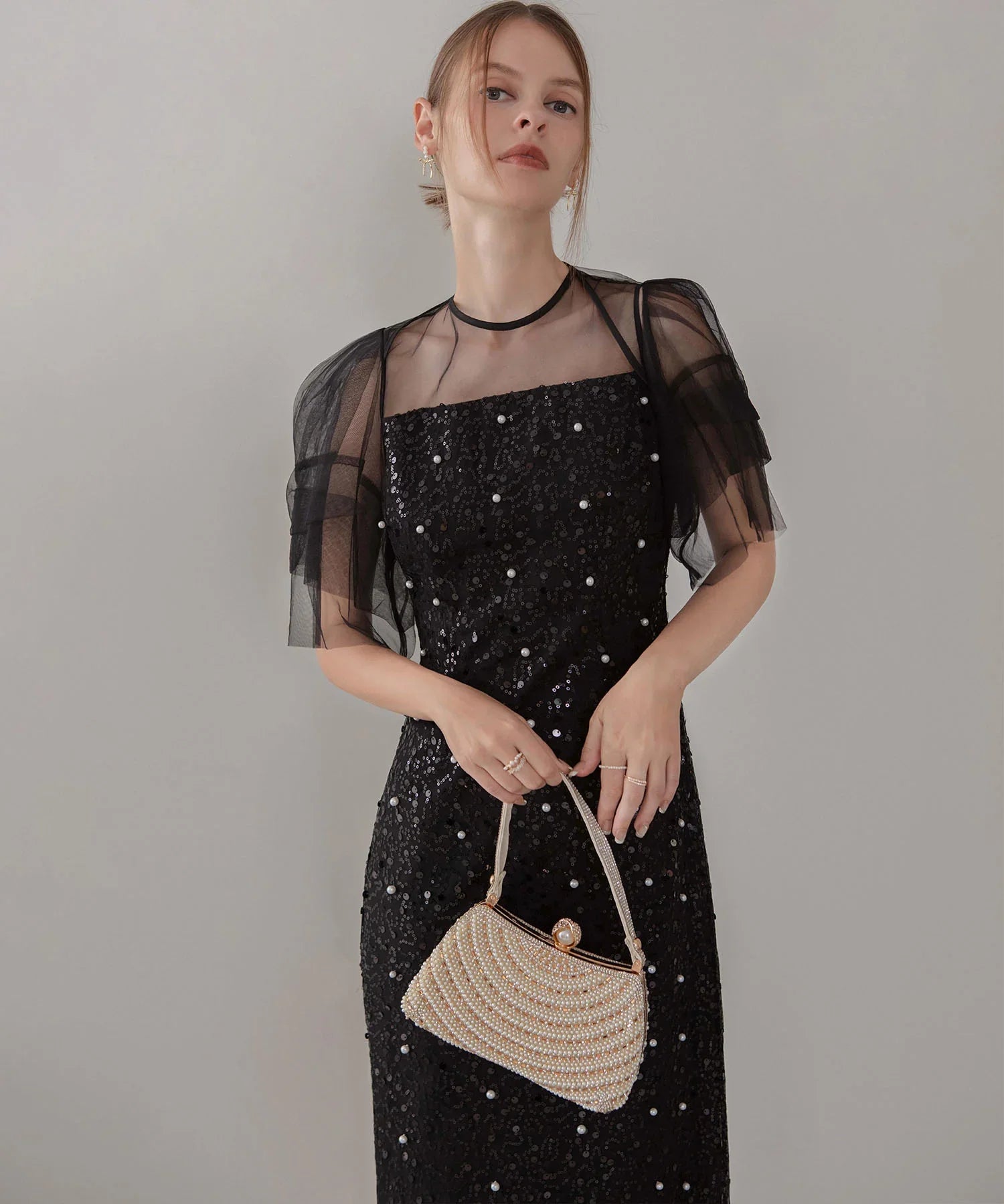 【当日発送】スパンコールパールミックスボレロIラインワンピースドレス