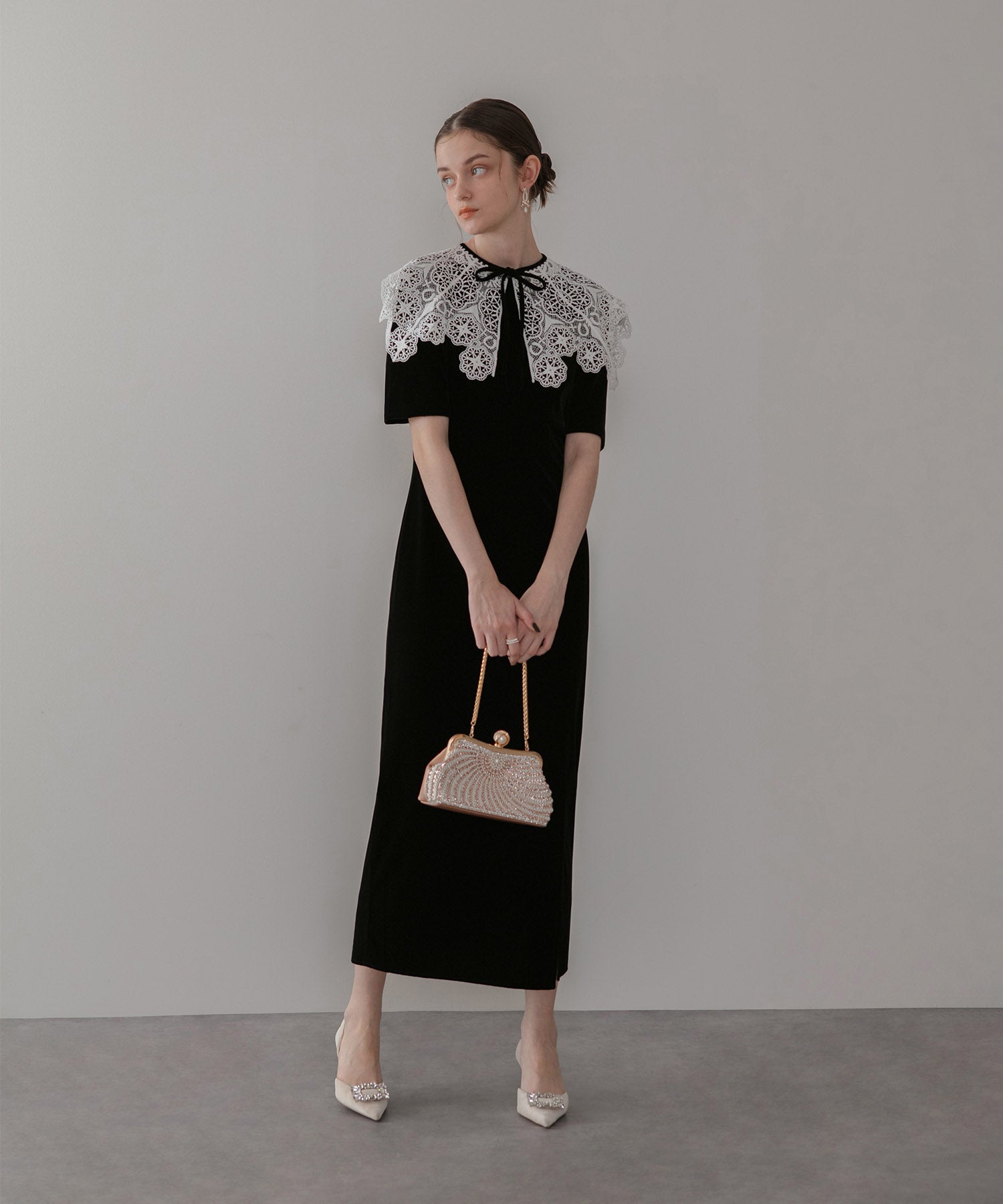 【当日発送】レースカラーベロアIラインワンピースドレス