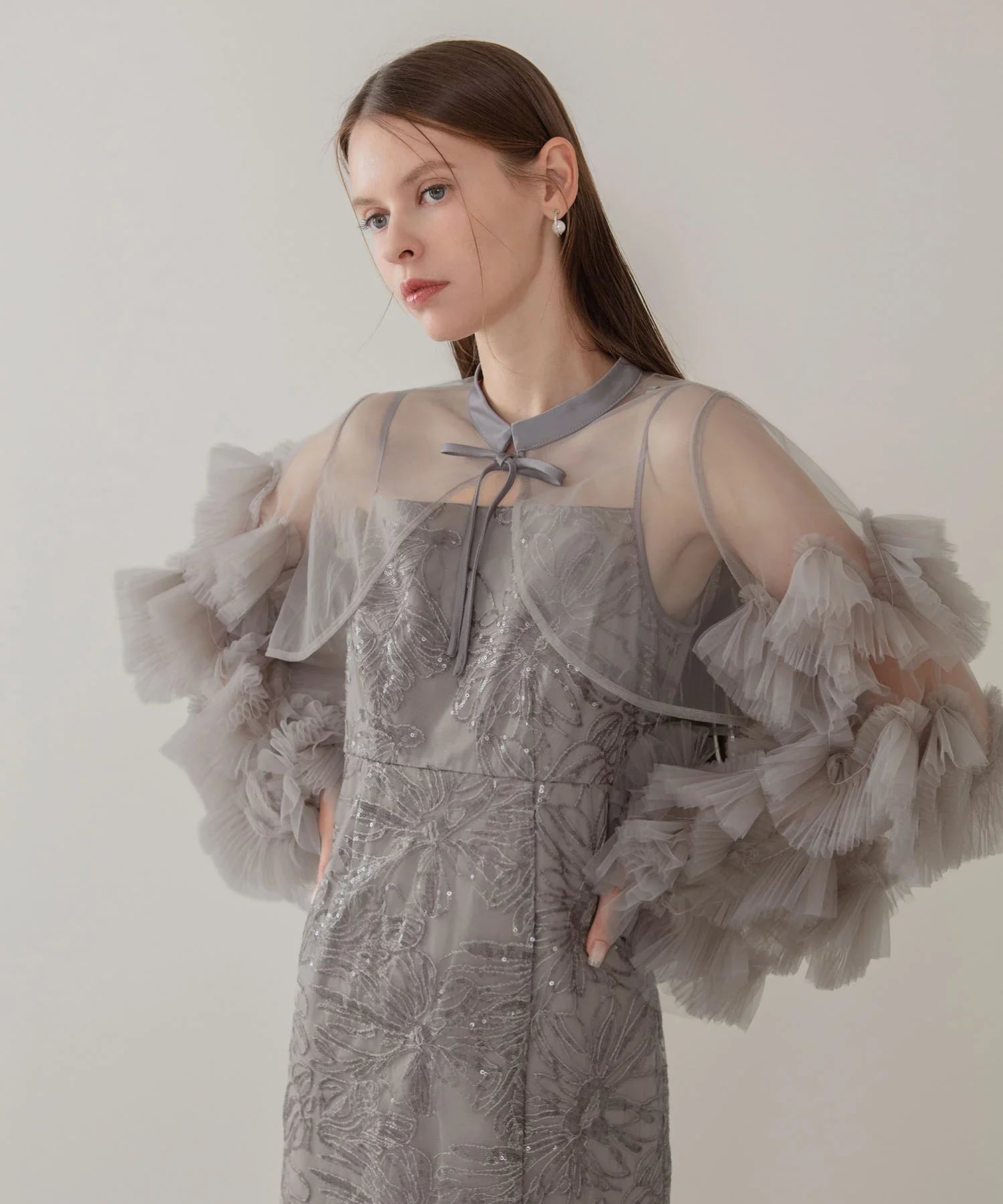 leja フリルチュールスリーブリボンIラインワンピースドレス 当日発送】フリルチュールスリーブリボンIラインワンピースドレス