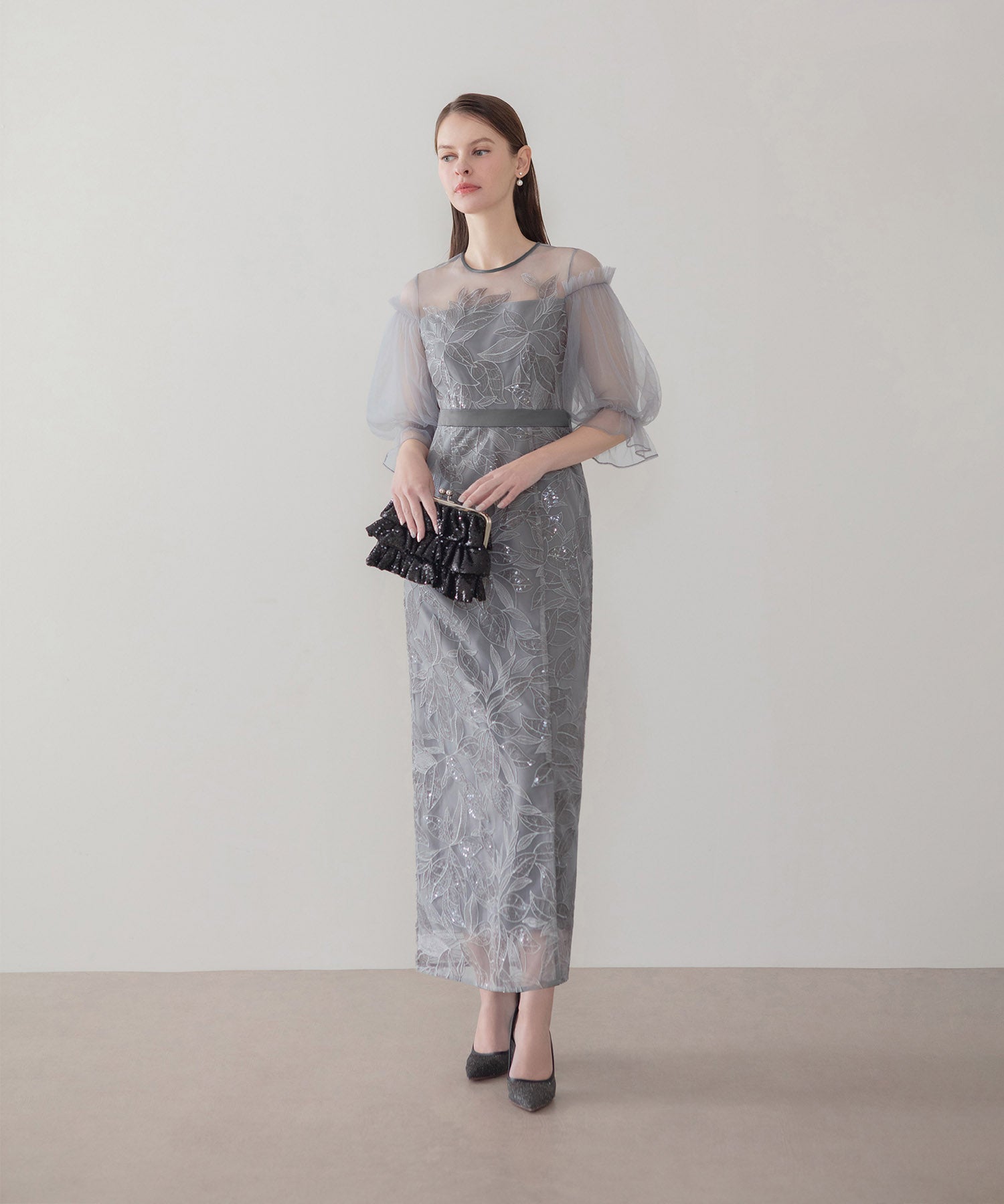 【当日発送】リーフスパンコールチュールパフスリーブIラインワンピースドレス