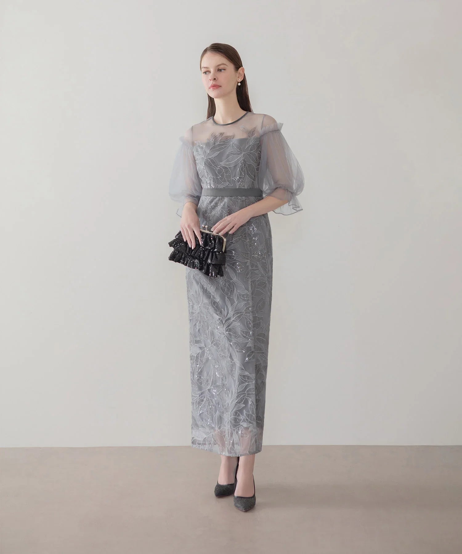 【当日発送】リーフスパンコールチュールパフスリーブIラインワンピースドレス