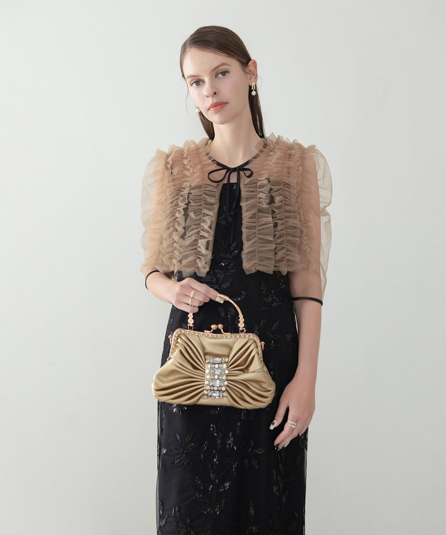 【当日発送】チュールフリルボレロフラワースパンコールＩラインワンピースドレス