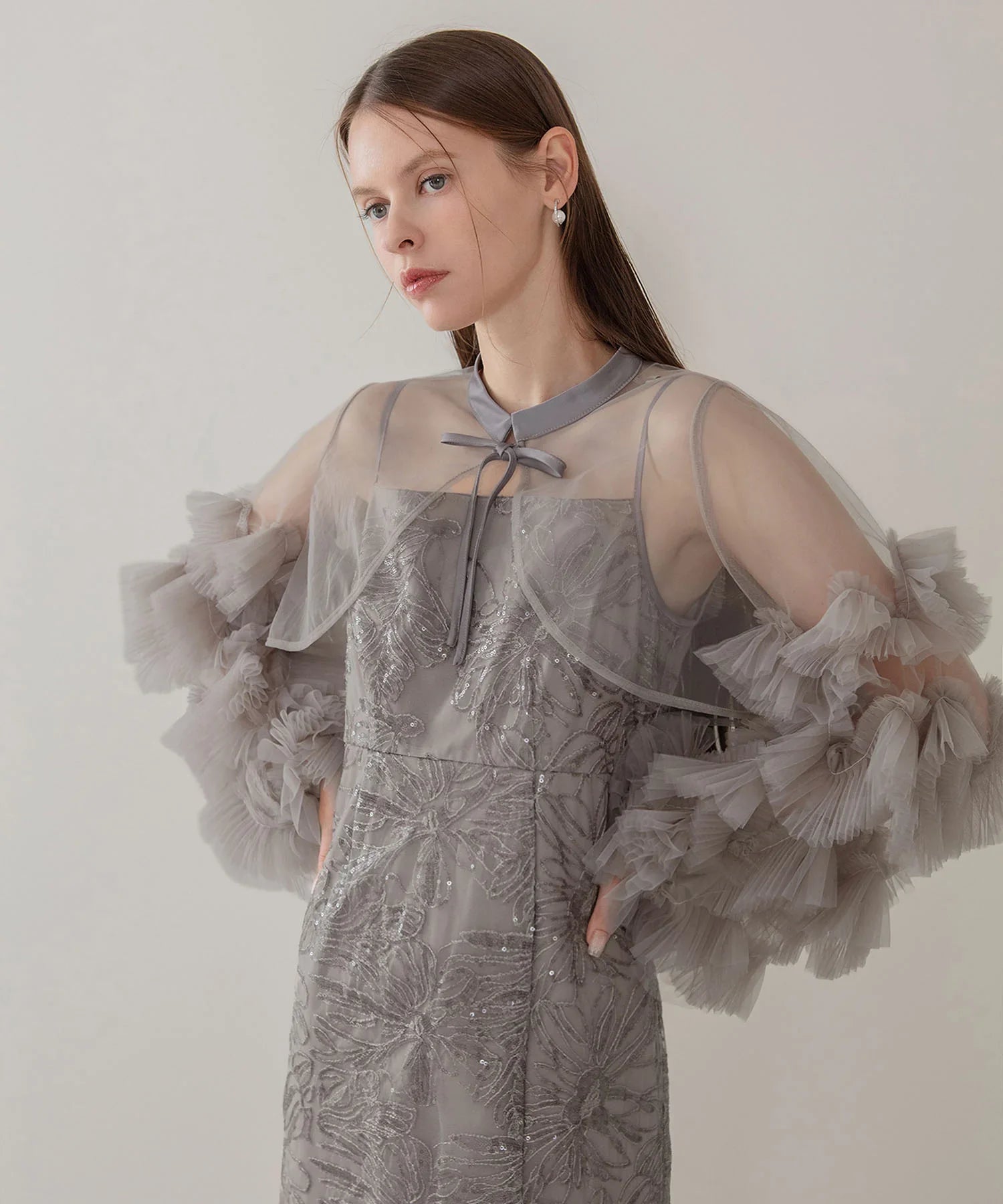 【一部当日発送】フリルチュールスリーブリボンIラインワンピースドレス