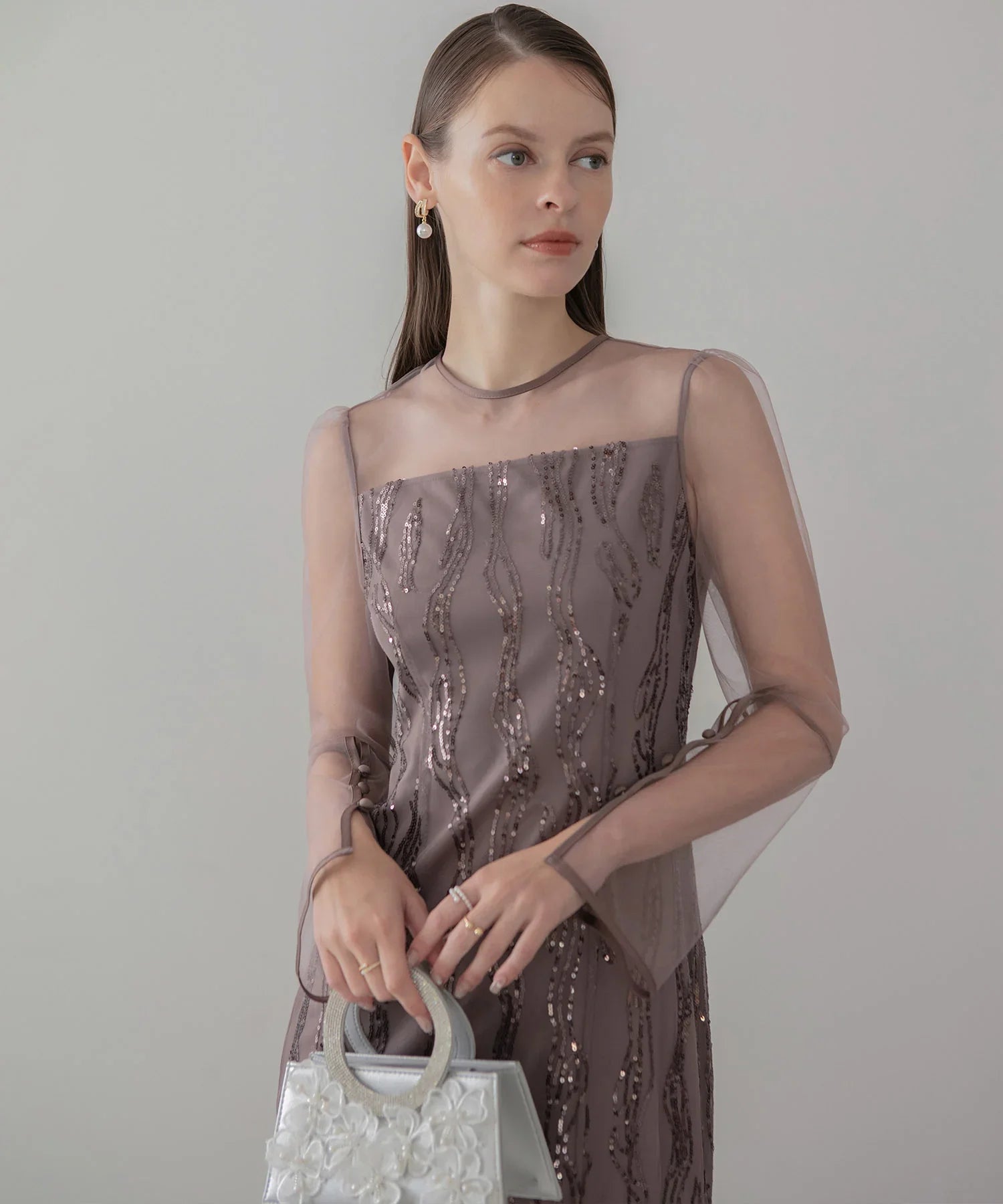 当日発送】シアーケープスパンコールIラインワンピースドレス