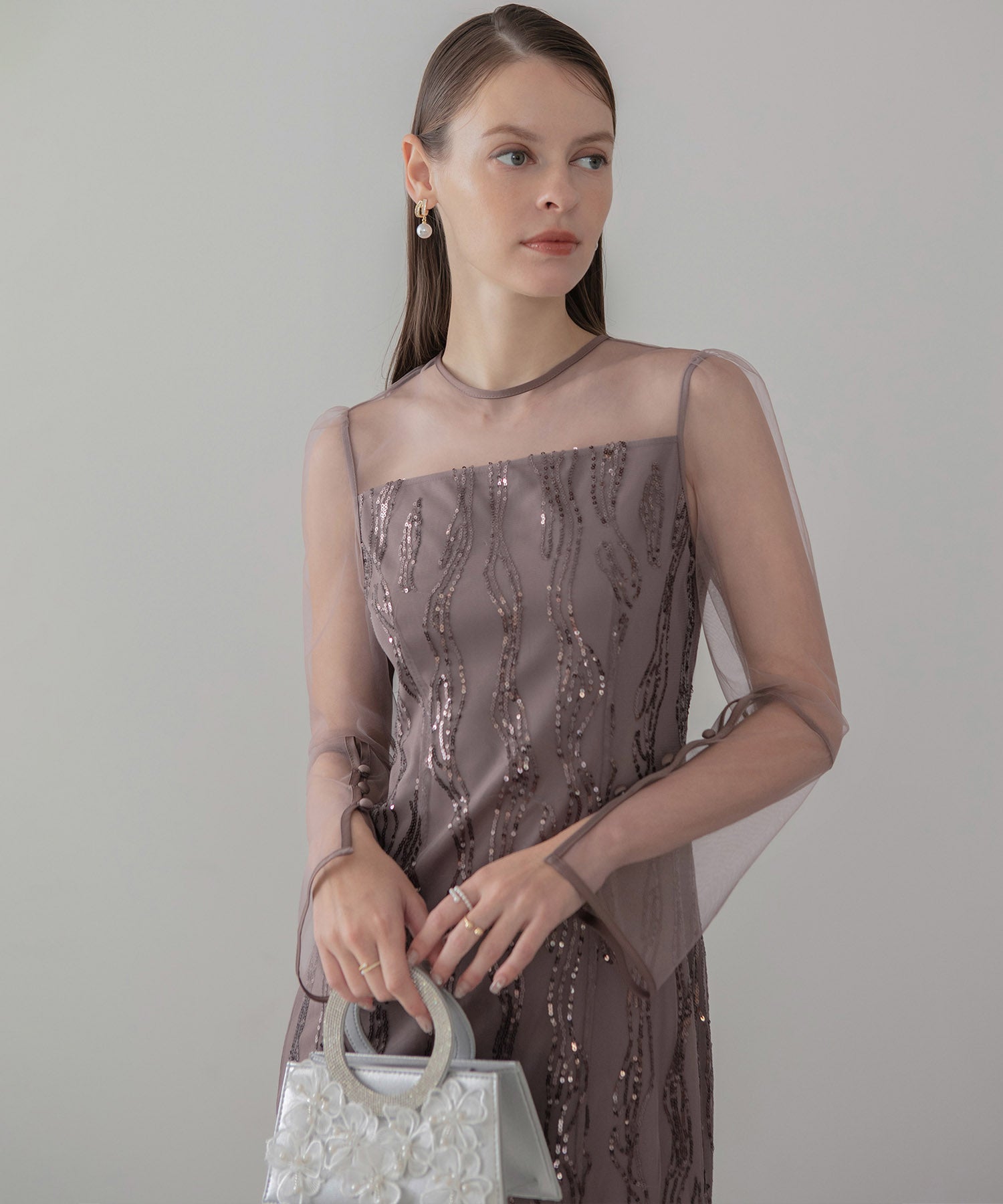 【当日発送】シアーケープスパンコールIラインワンピースドレス