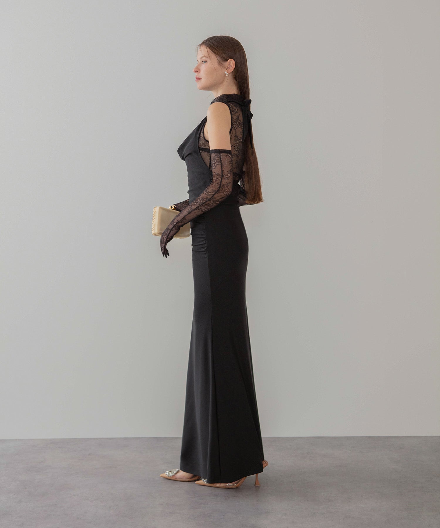 【LEJA LUXE】2WAYシアーレースグローブクラシックブラックマーメイドドレス