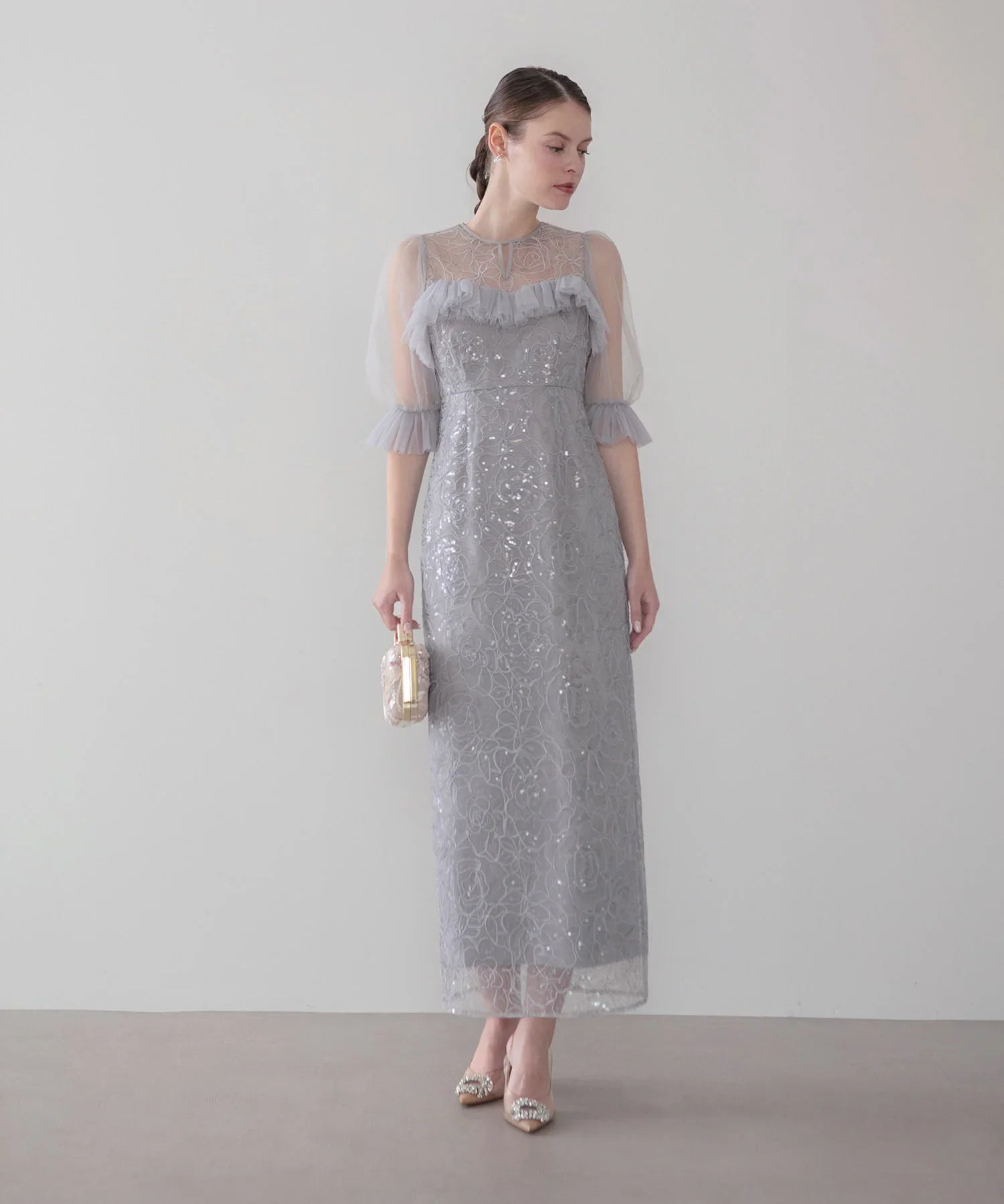 COMING SOON】チュールギャザーフラワースパンコールIラインワンピース