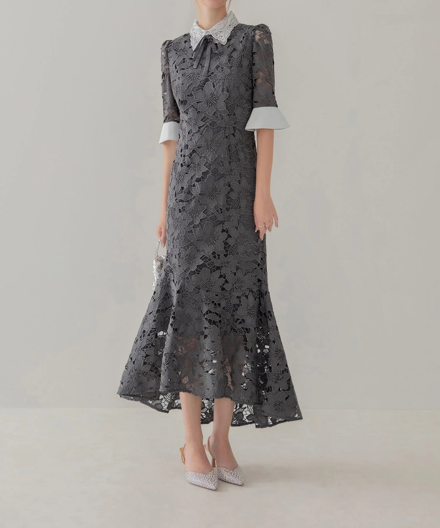 【Leja】パールカラーボウタイフラワーレースフィッシュテールワンピースドレスS 一部当日発送】パールカラーボウタイフラワーレースフィッシュテール