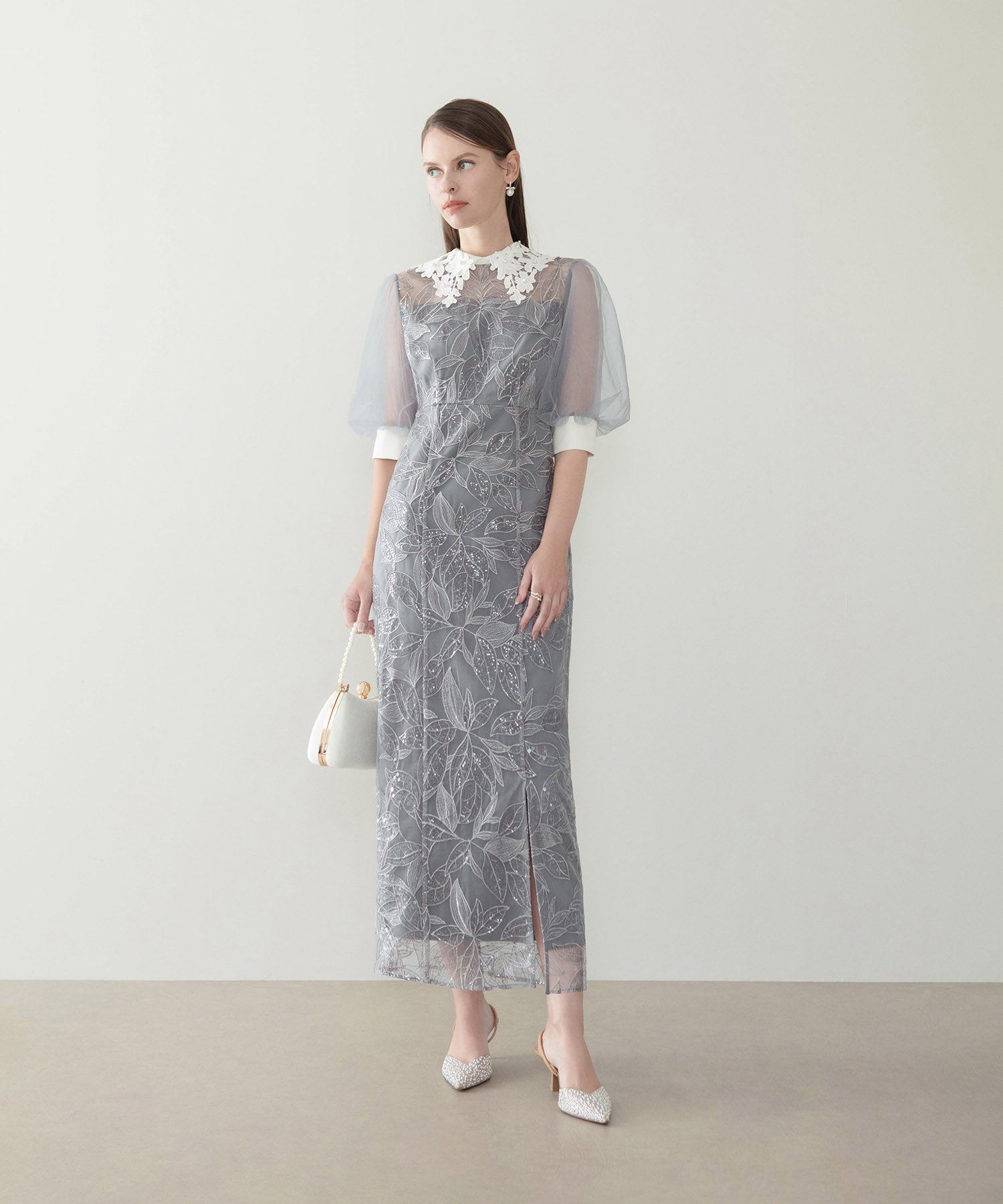 【当日発送】レースカラーリーフスパンコールパフスリーブIラインワンピースドレス