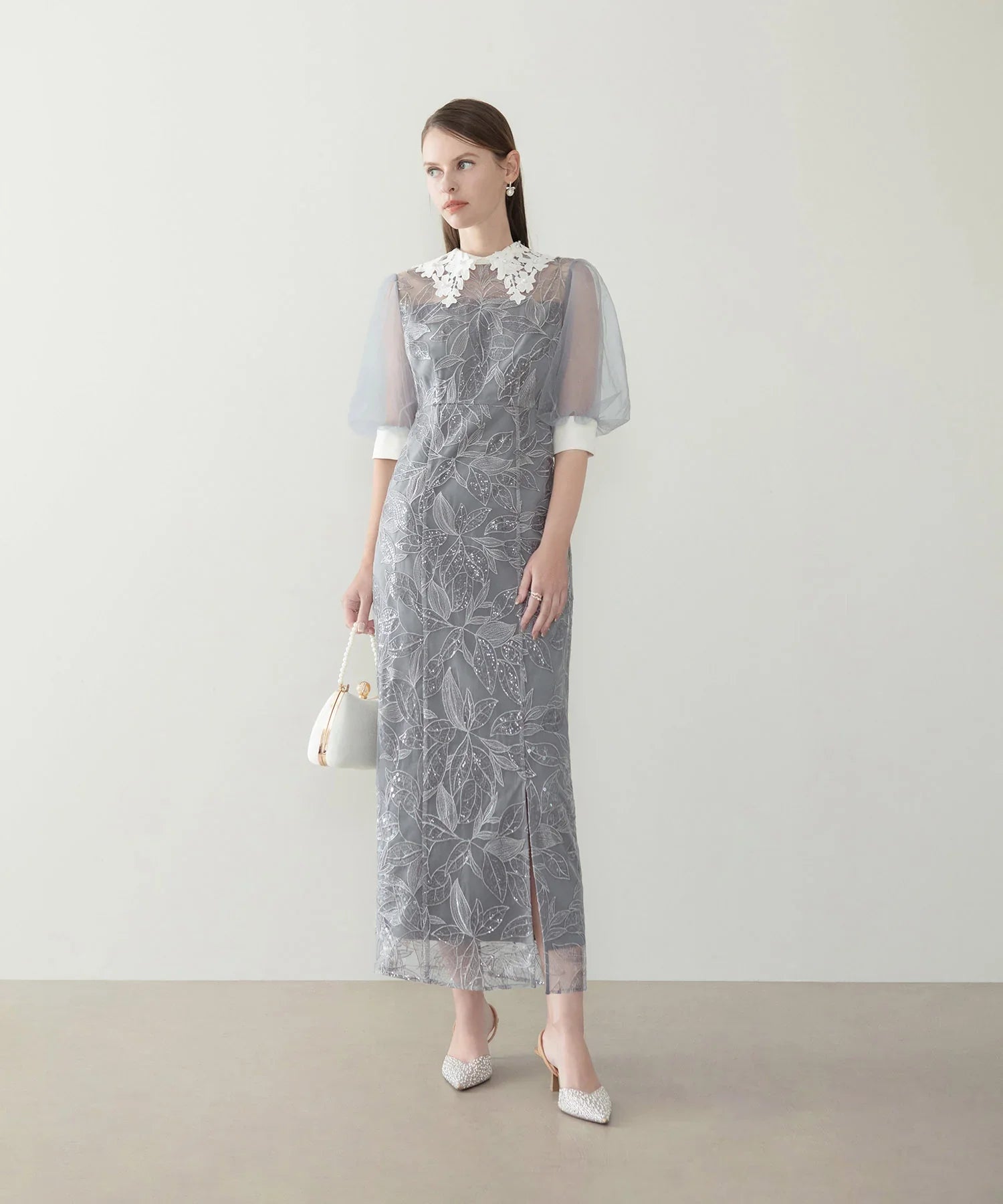 【一部当日発送】レースカラーリーフスパンコールパフスリーブIラインワンピースドレス