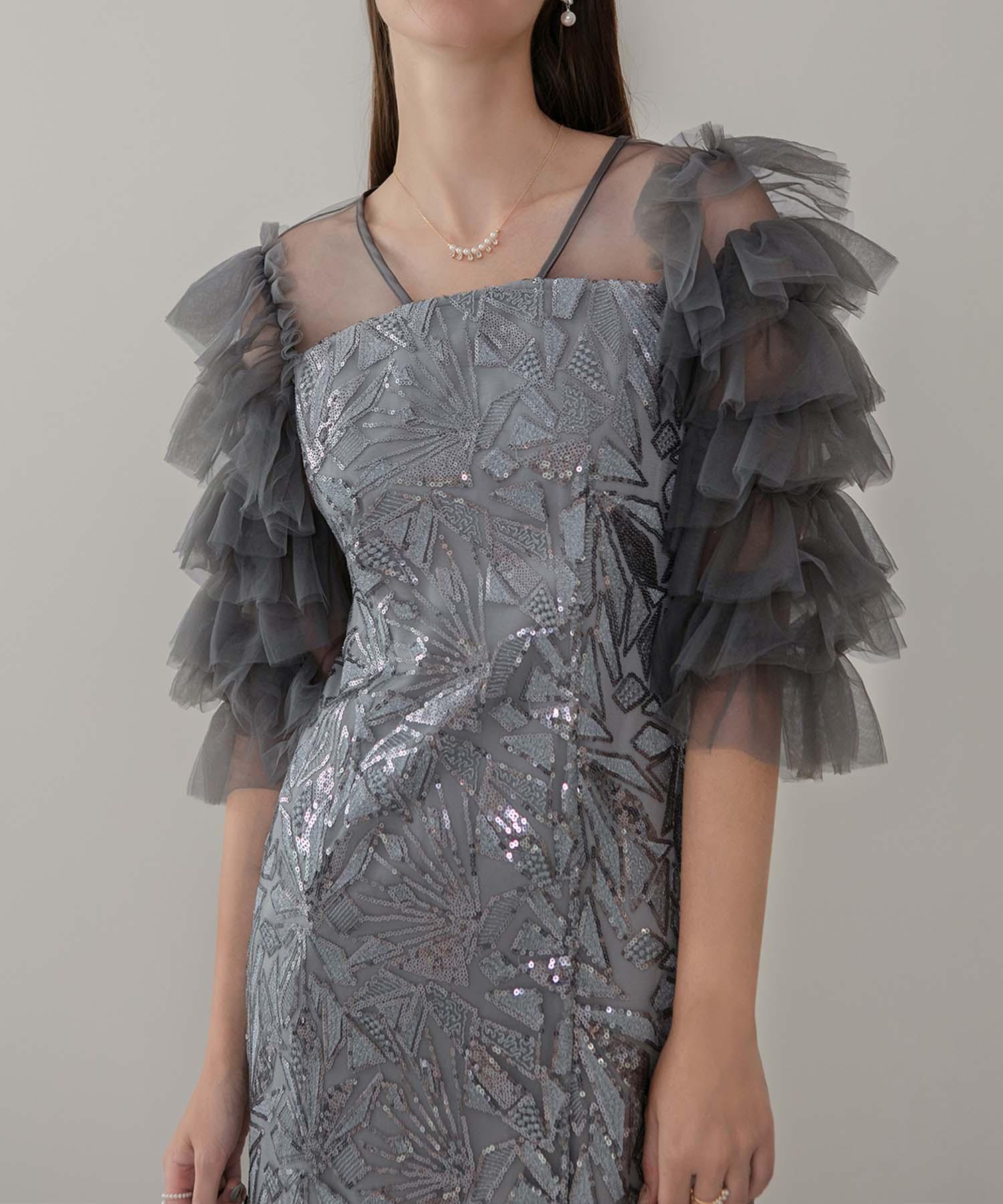 当日発送】チュールフリルスリーブスパンコールIラインワンピースドレス