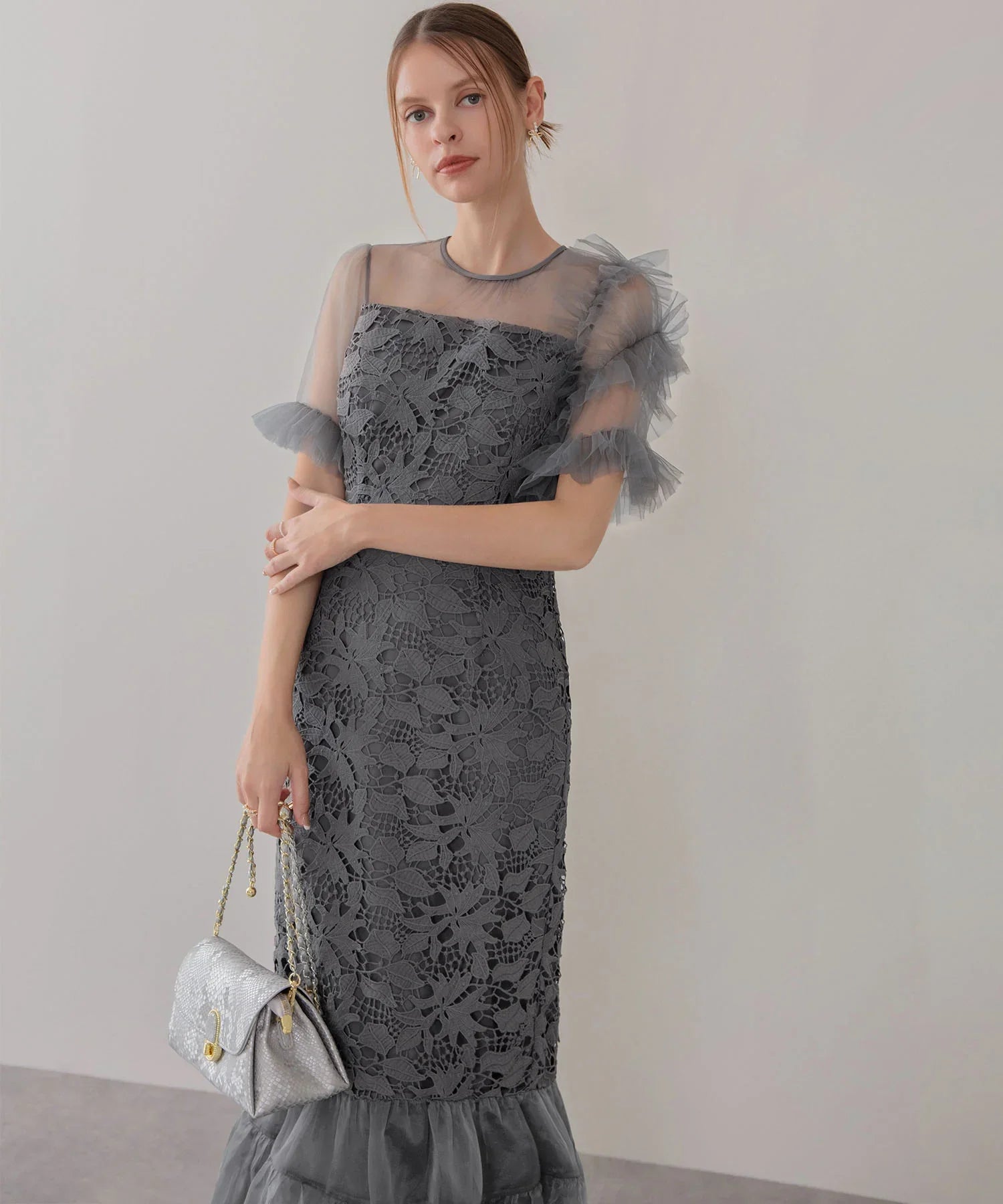 当日発送】アシンメトリーチュールスリーブレースフリルヘムIライン