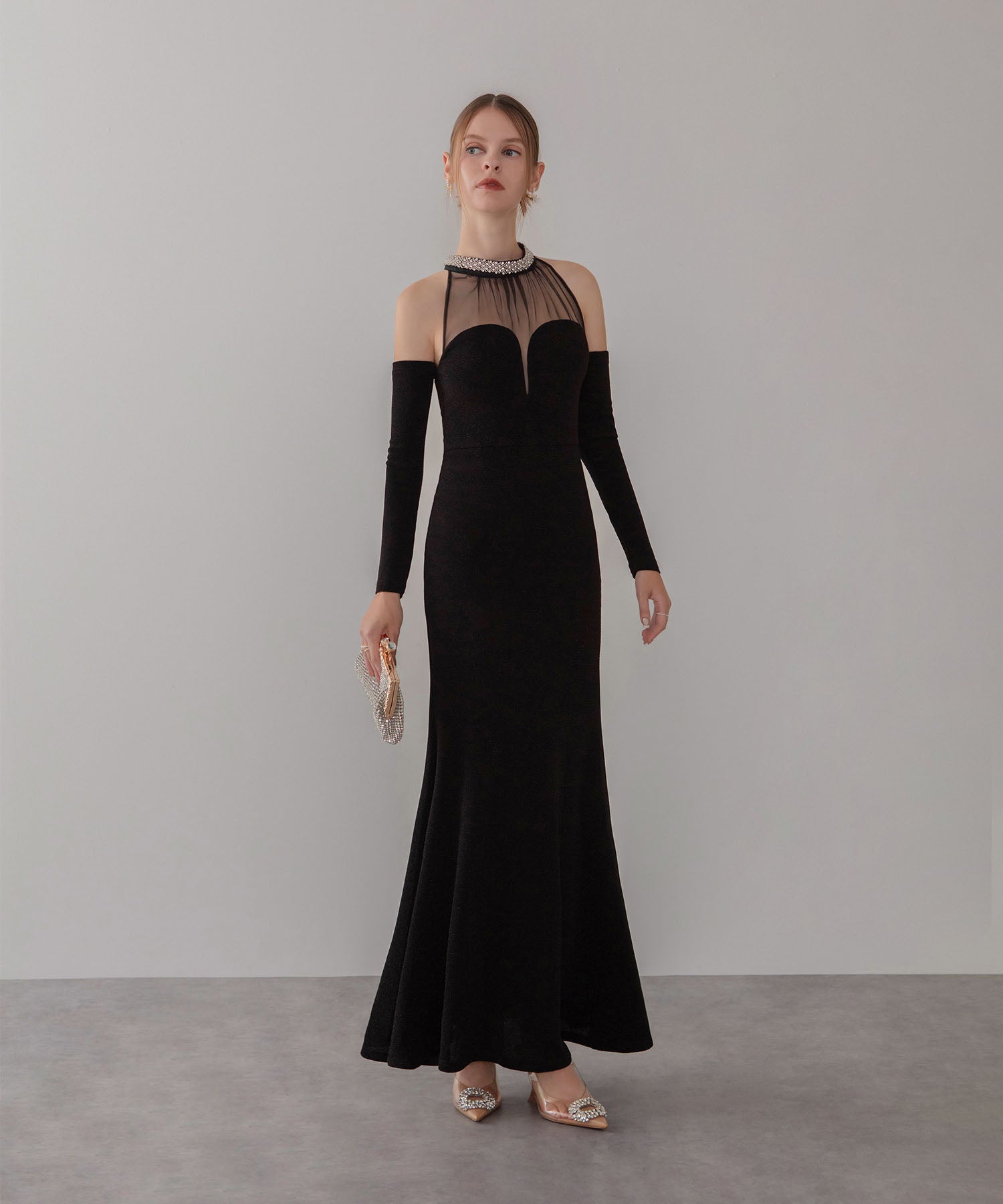 【LEJA LUXE】シアーネックビジューデザインブラックマーメイドロングドレス