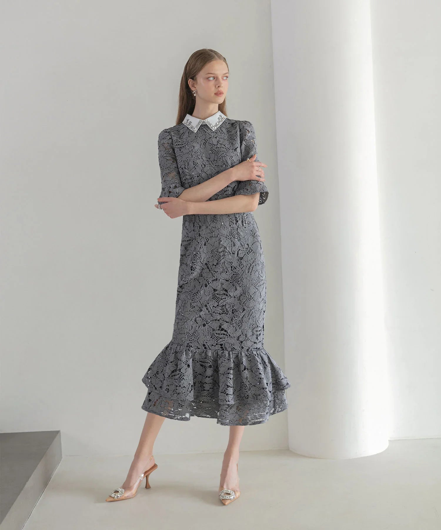 LEJA レースパイピングフリルマーメイドワンピースドレス 当日発送】レースパイピングフリルマーメイドワンピース結婚式ドレス