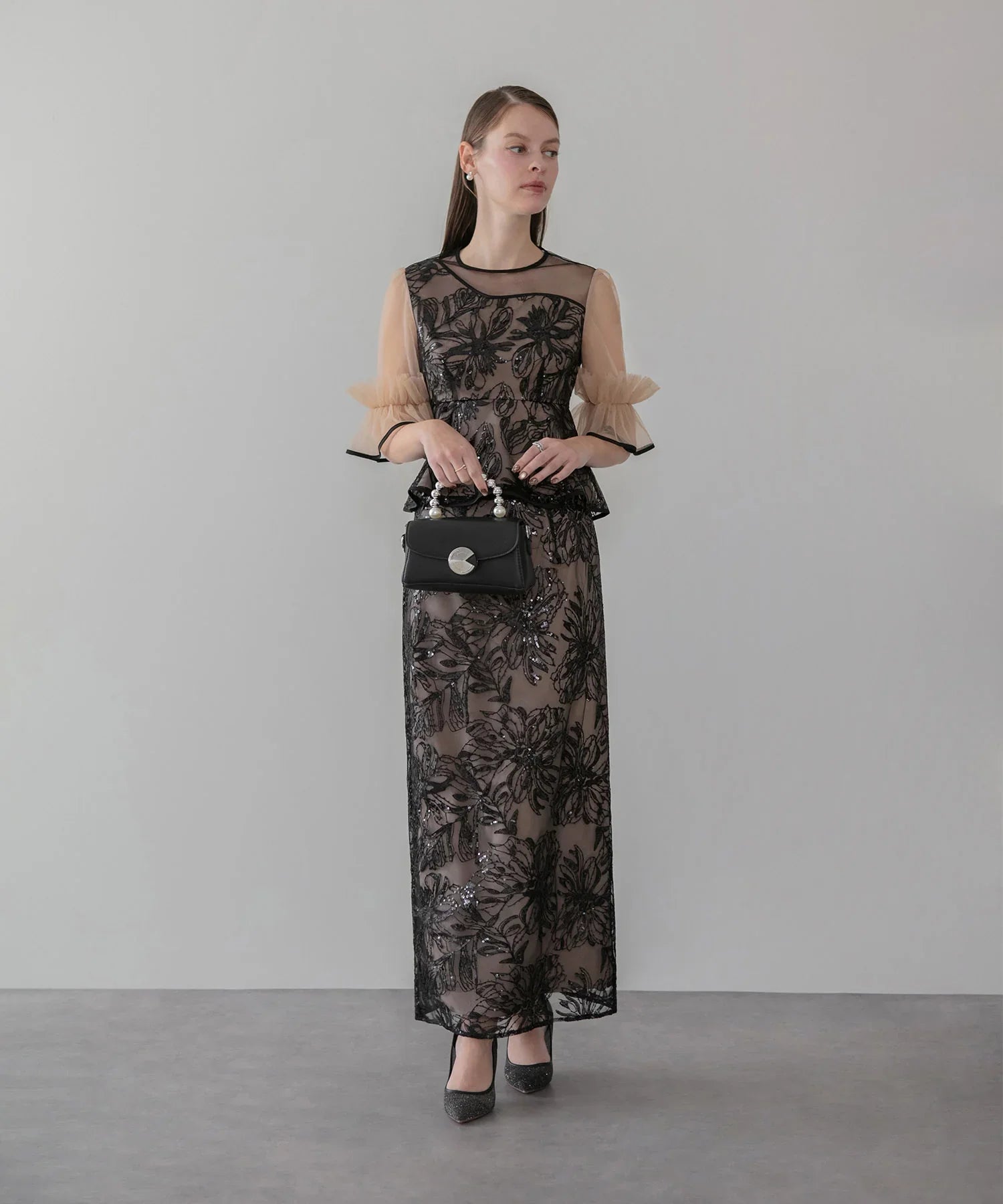 アシンメトリーシアーフラワースパンコールフリルチュール