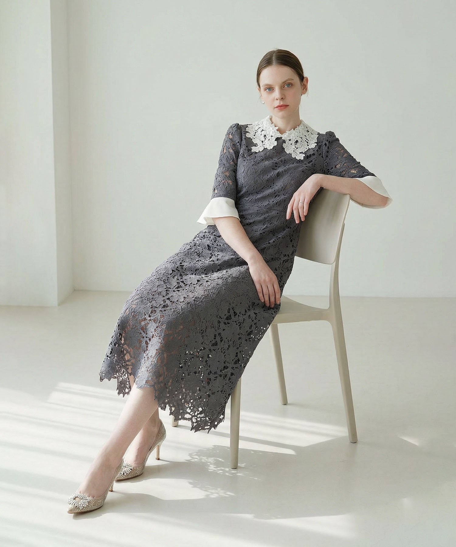 [Same-day shipping] Floral lace collar sequin A-line dress