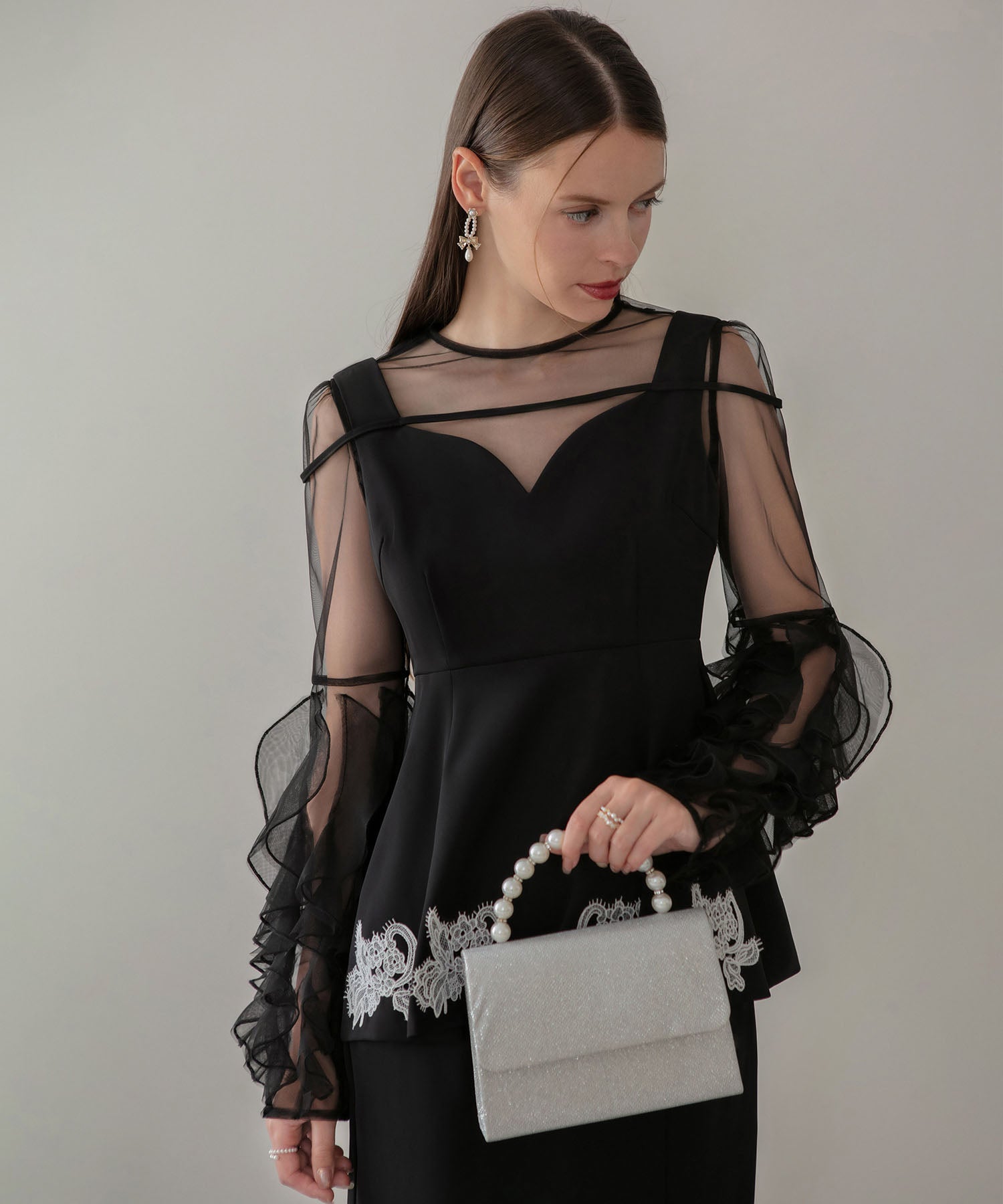 【当日発送】シアースリーブフリルペプラムタイトスカートセットアップドレス