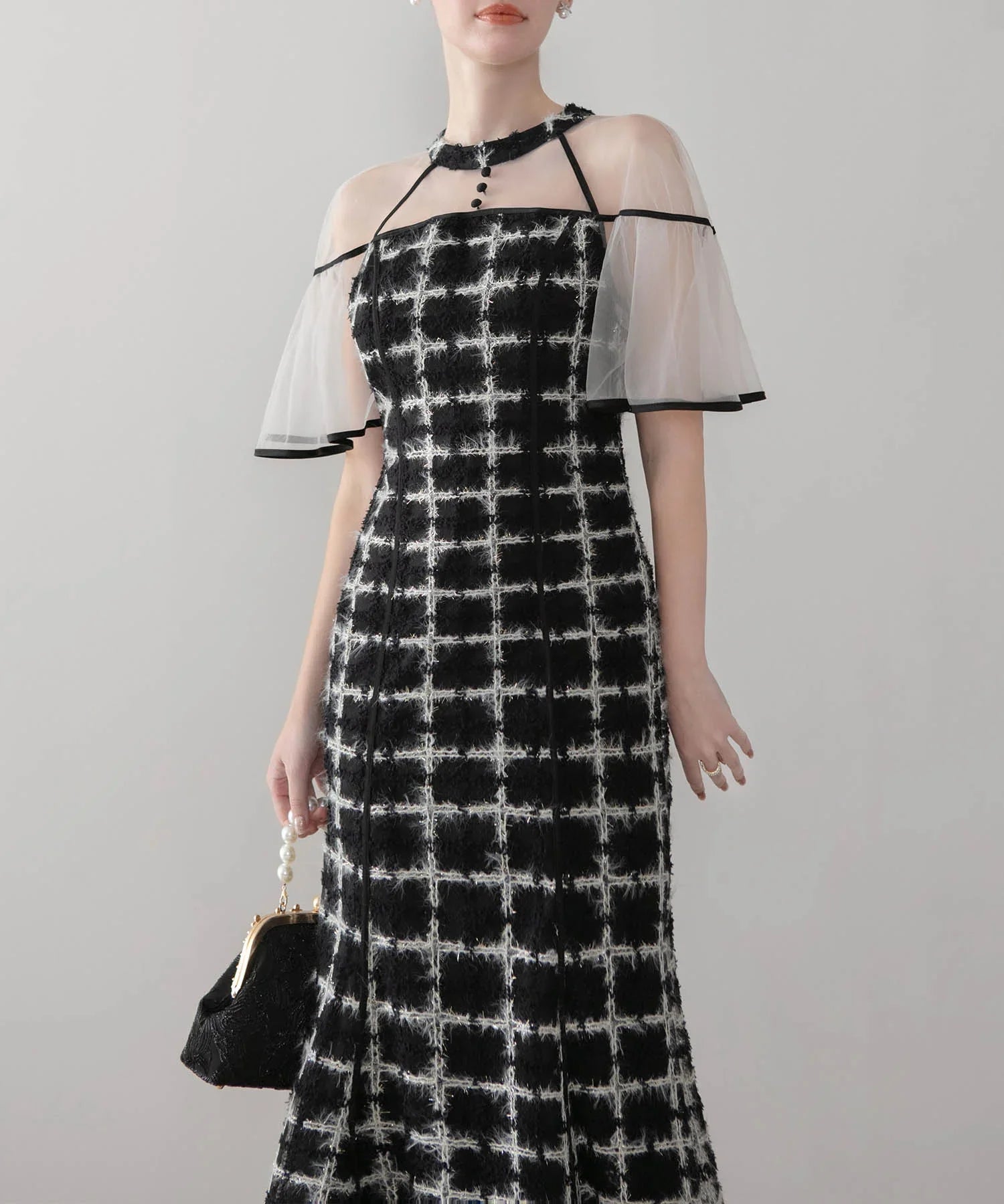 当日発送】ラメシャギーツイードチェックフリルマーメイドワンピースドレス