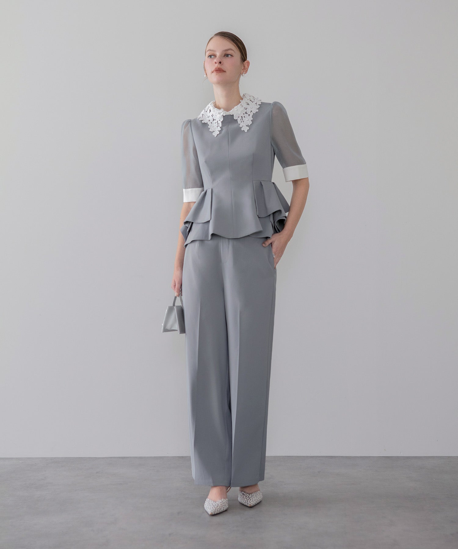 【当日発送】レースカラーペプラムブラウスパンツセットアップドレス