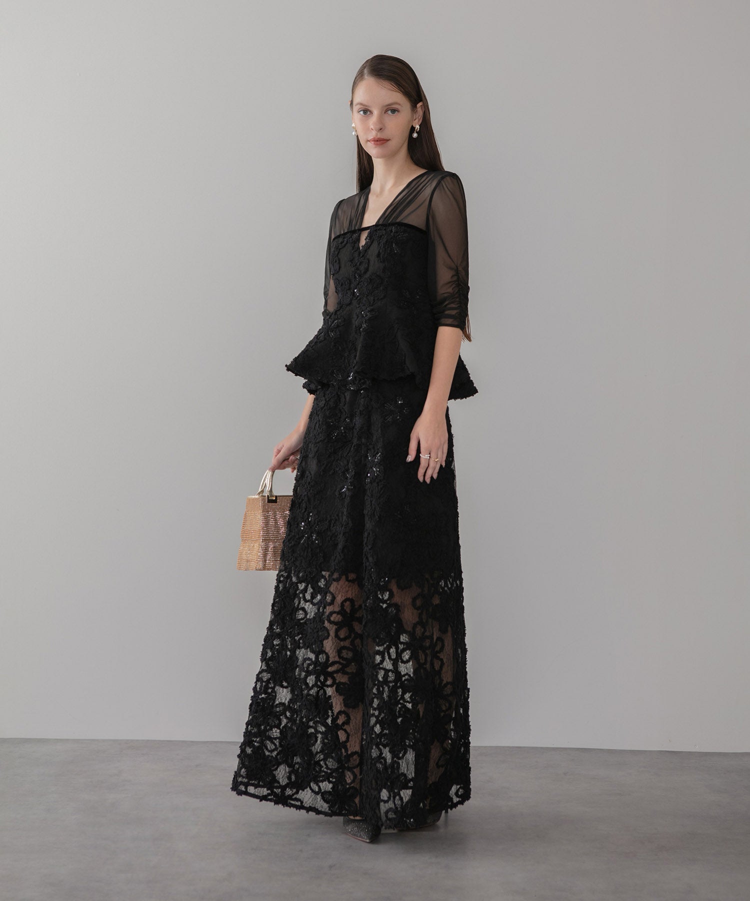 【LEJA LUXE】フラワーレースペプラムセットアップドレス