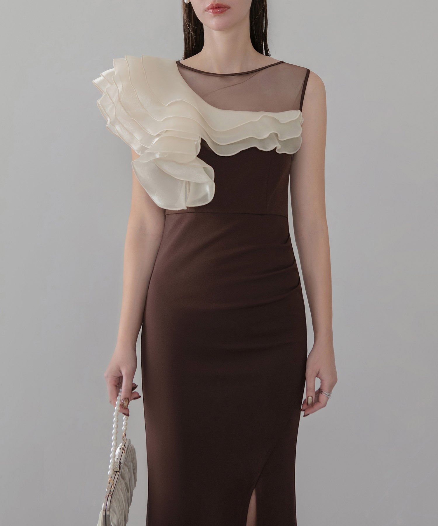 【当日発送】アシンメトリーフリルスリットマーメイドドレス