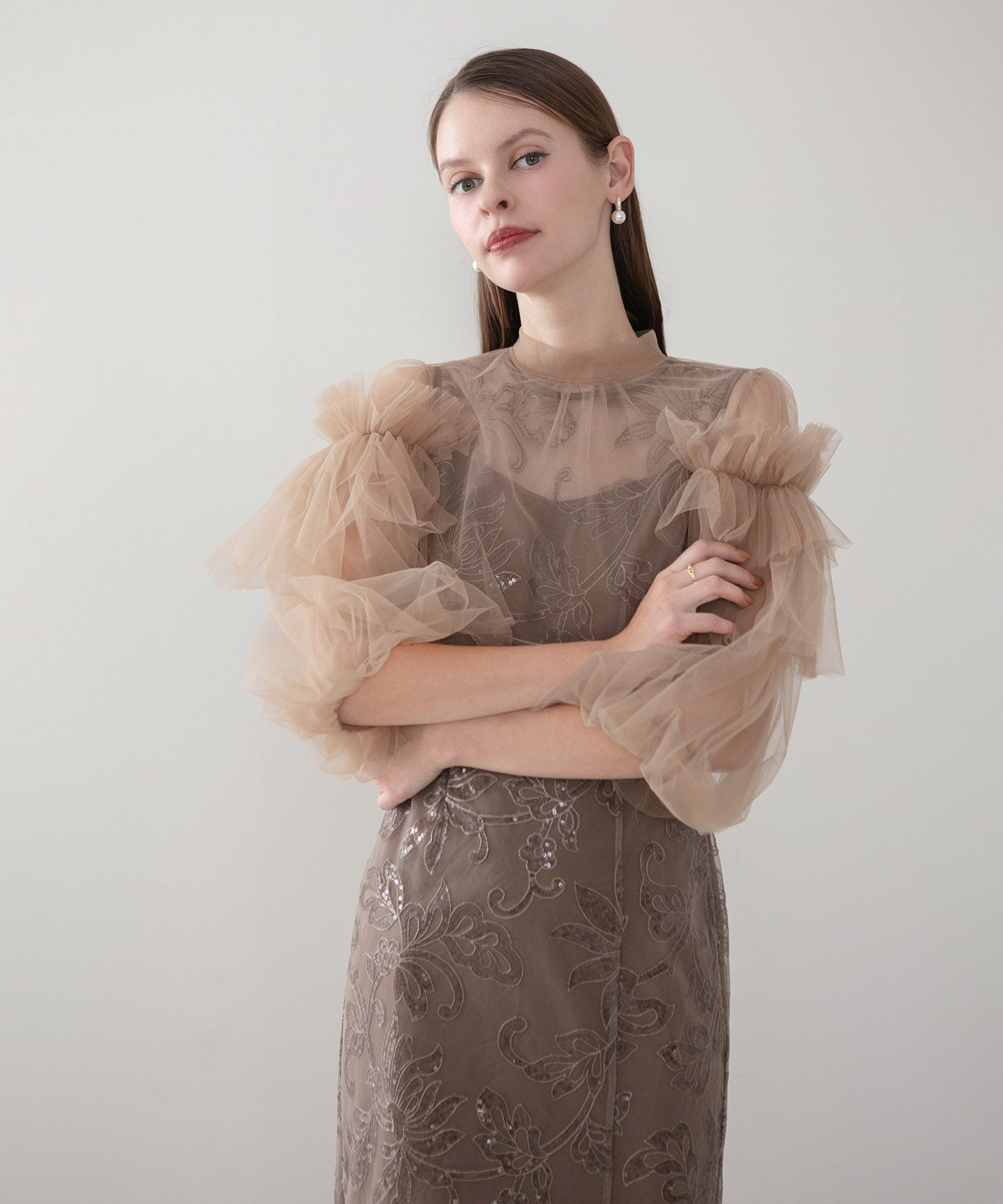 当日発送】フリルチュールスパンコールフローラルIラインワンピースドレス