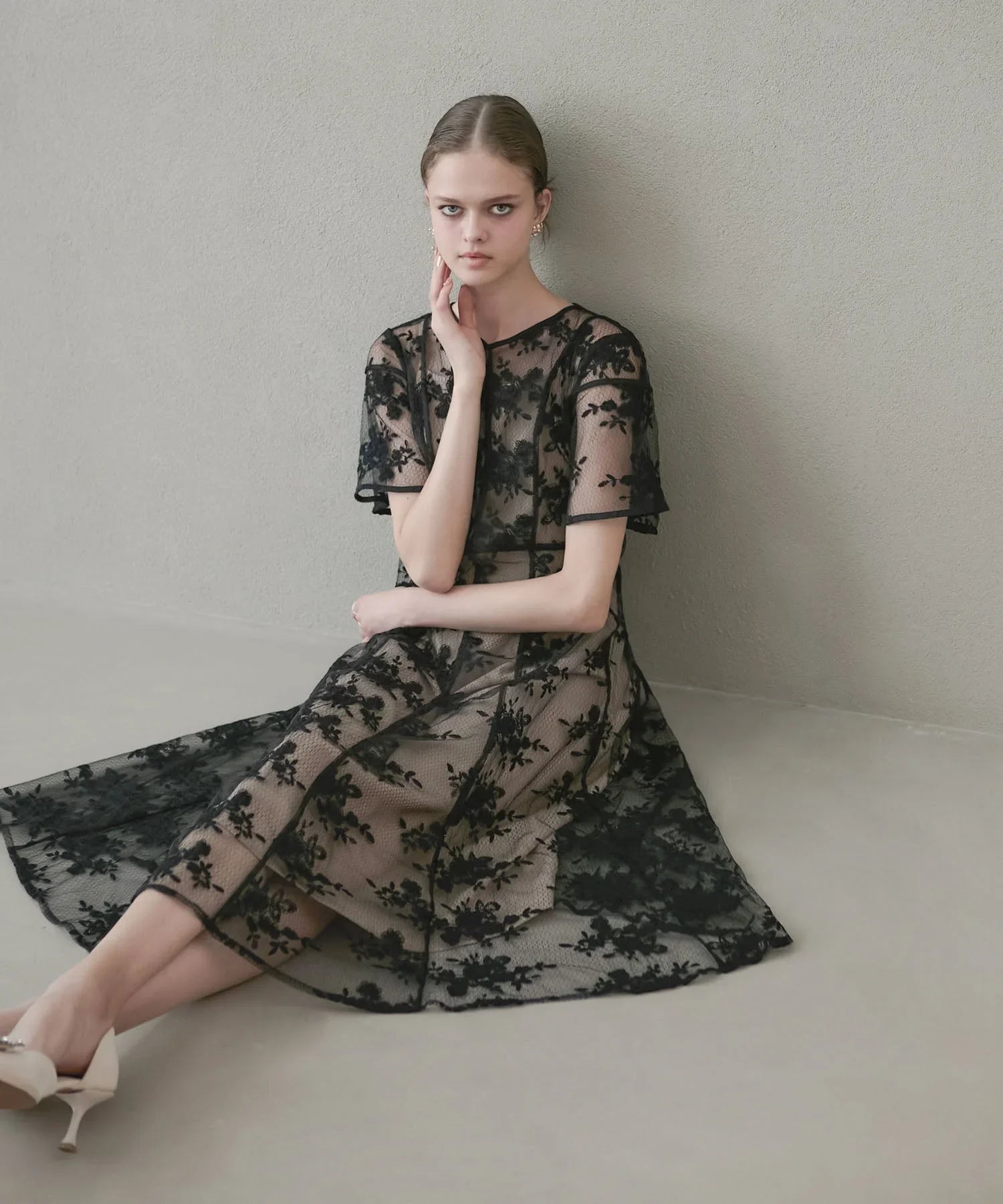 [Same-day shipping] Floral back ribbon dress set-up dress