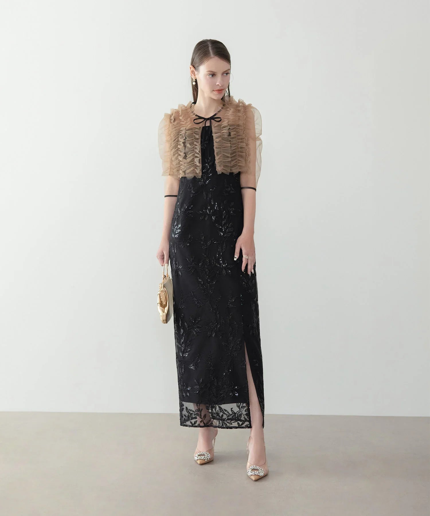 【当日発送】チュールフリルボレロフラワースパンコールＩラインワンピースドレス