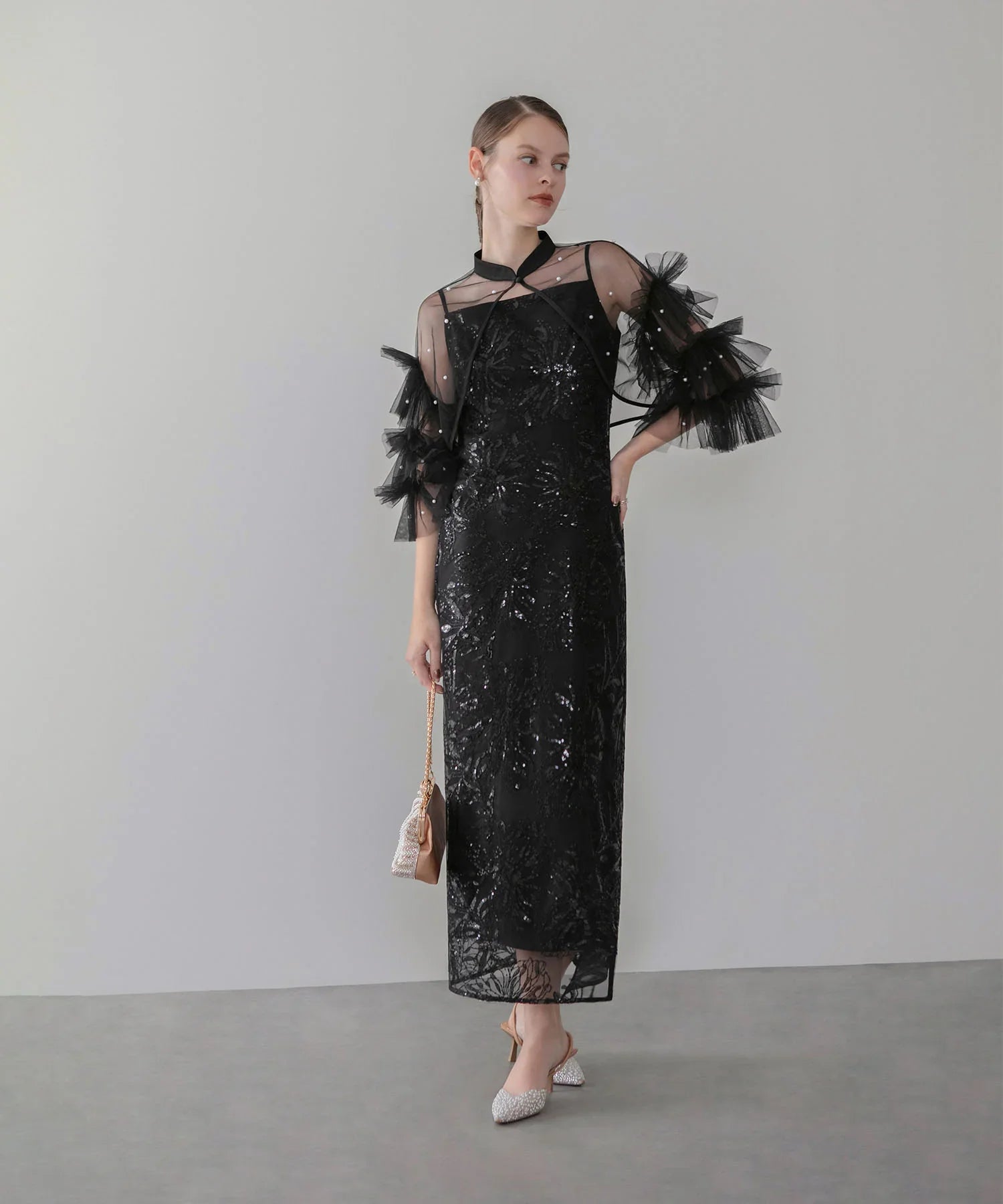 【一部当日発送】パールフリルチュールボレロレイヤードIラインワンピースドレス