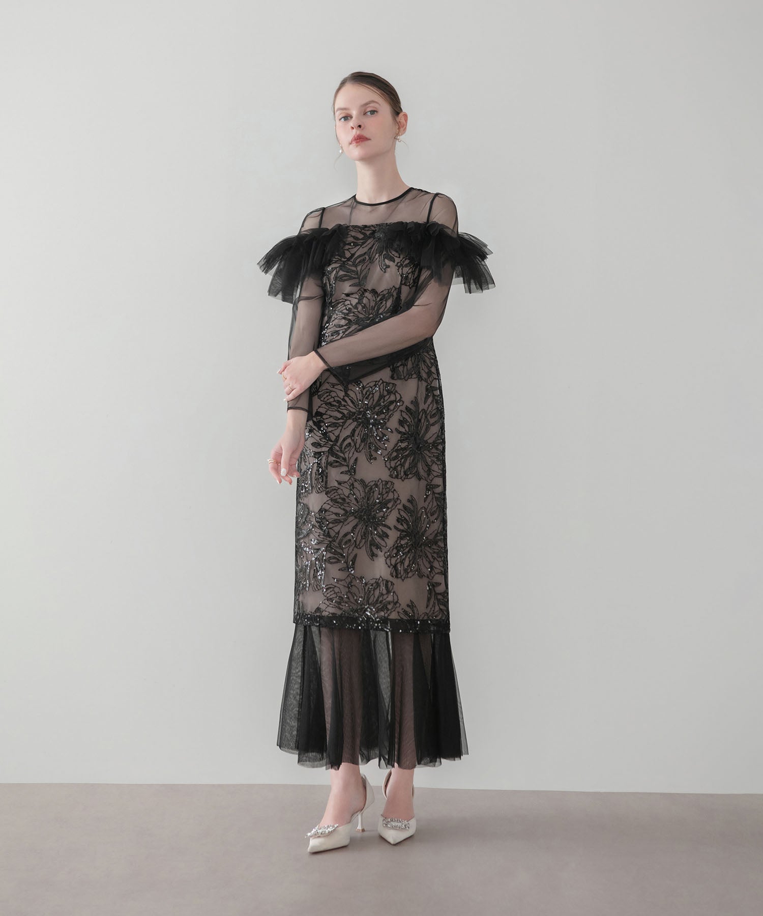 【COMING SOON】フラワースパンコールヘムチュールＩラインワンピースドレス