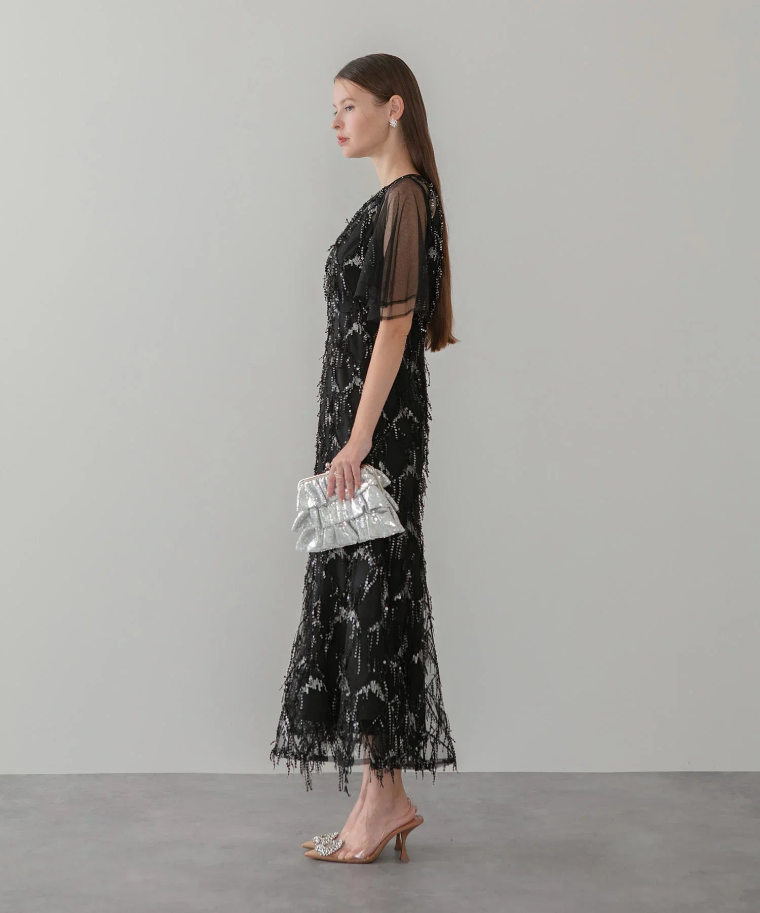 当日発送】チュールスリーブスパンコールマーメイドワンピースドレス