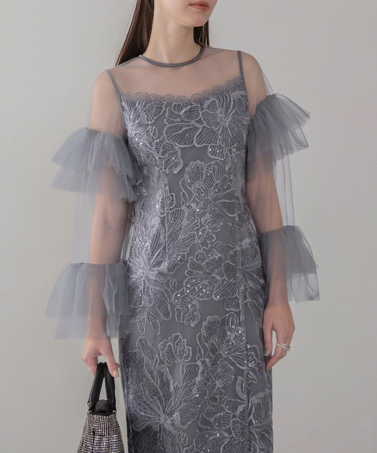 【当日発送】フリルチュールスリーブレースIラインワンピースドレス