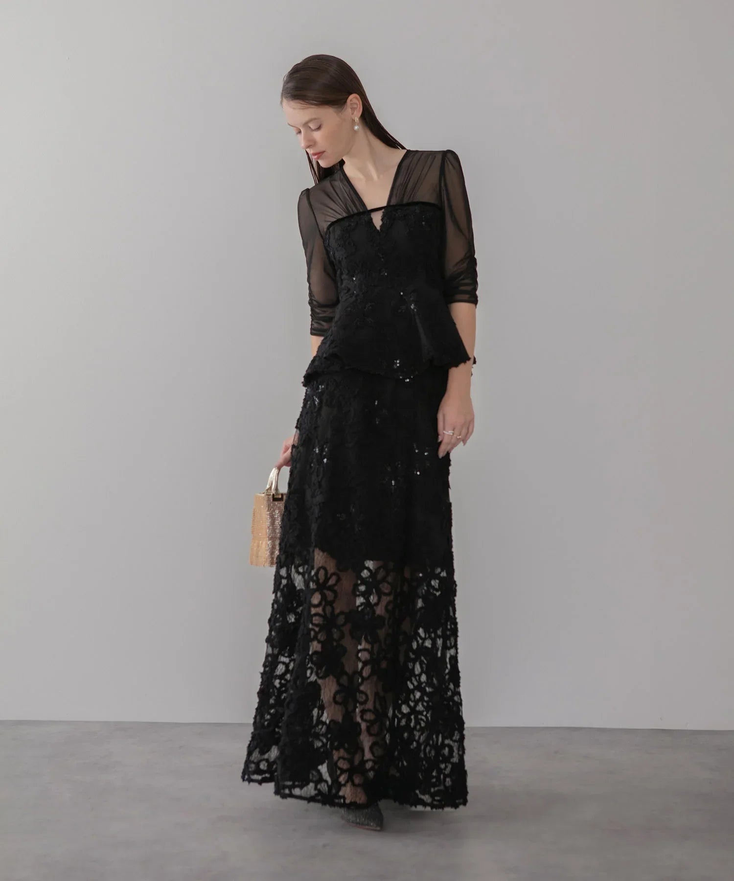 LEJA LUXE】フラワーレースペプラムセットアップドレス