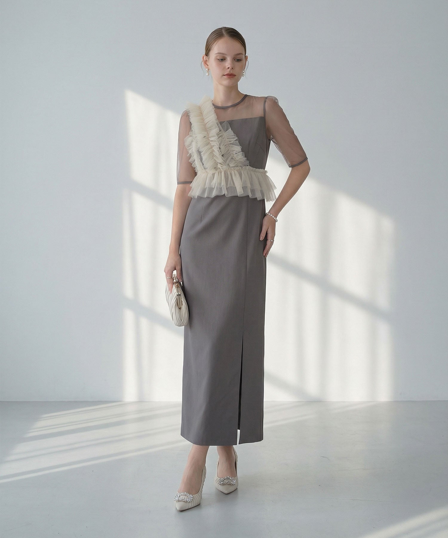 【当日発送】アシンメトリーフリルチュールIラインワンピースドレス