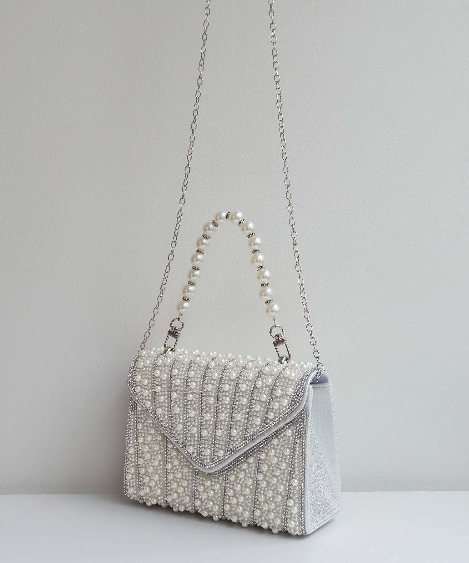 【当日発送】3WAYオールパールビジュー ストライプデザインバッグ