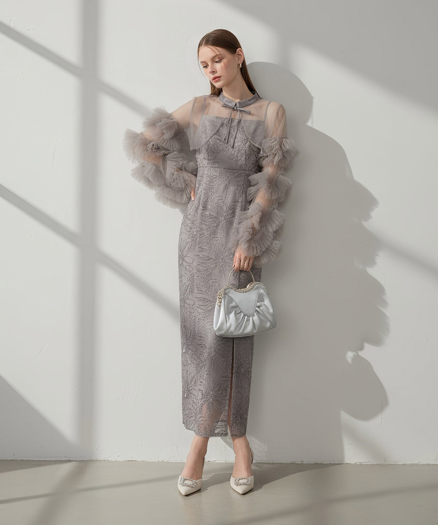 【一部当日発送】フリルチュールスリーブリボンIラインワンピースドレス