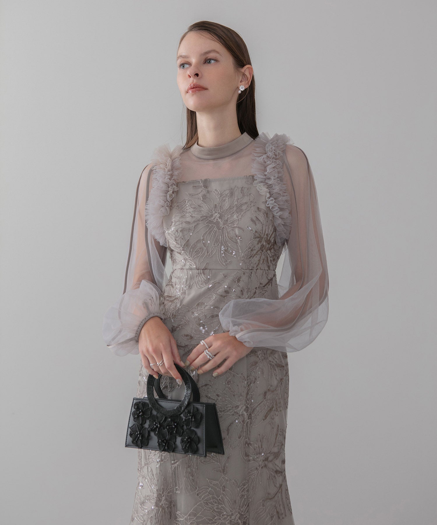 【当日発送】フラワースパンコールチュールフリルロングスリーブマーメイドワンピースドレス