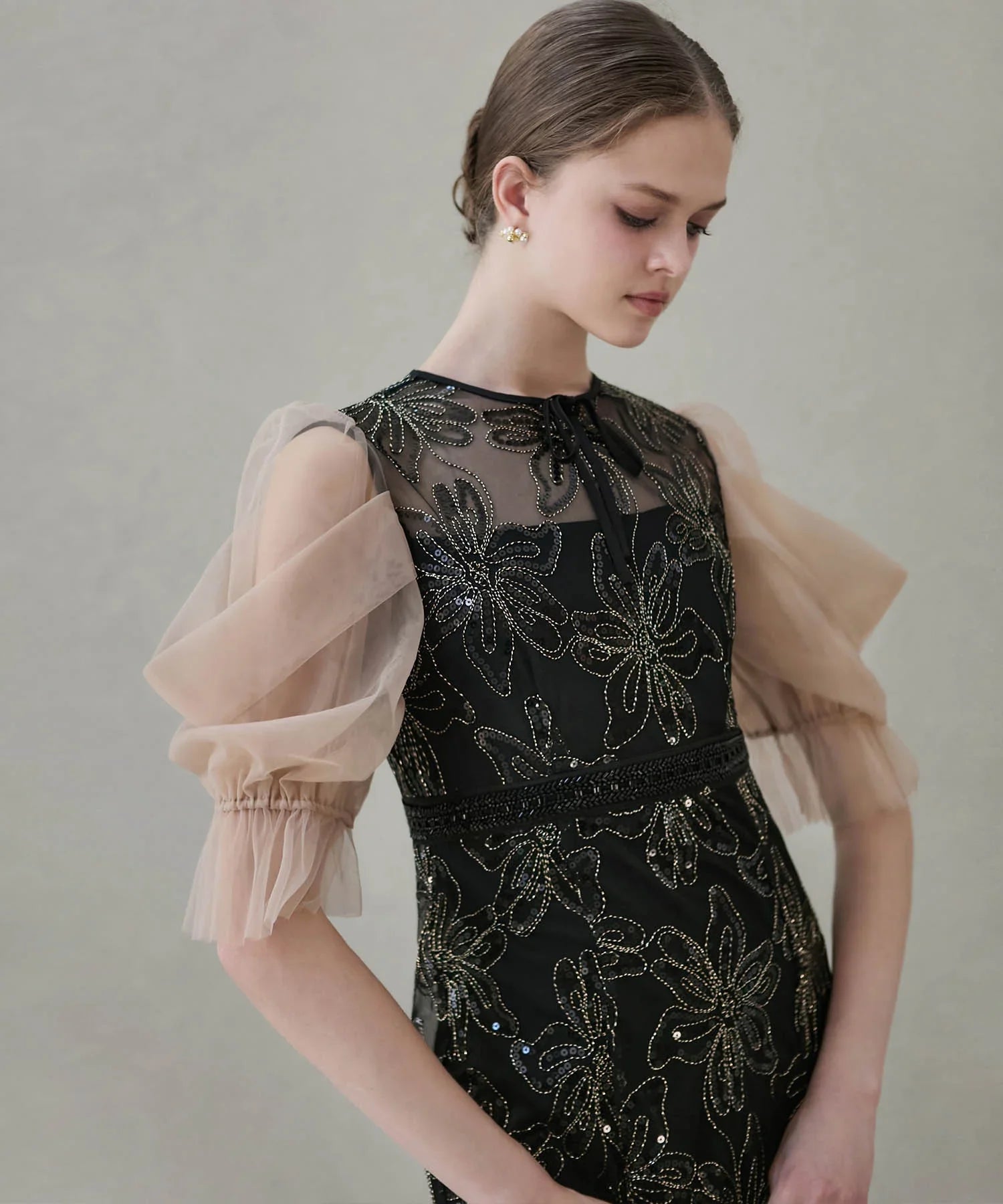 【予約販売】スパンコールフラワーリボンチュールワンピースドレス