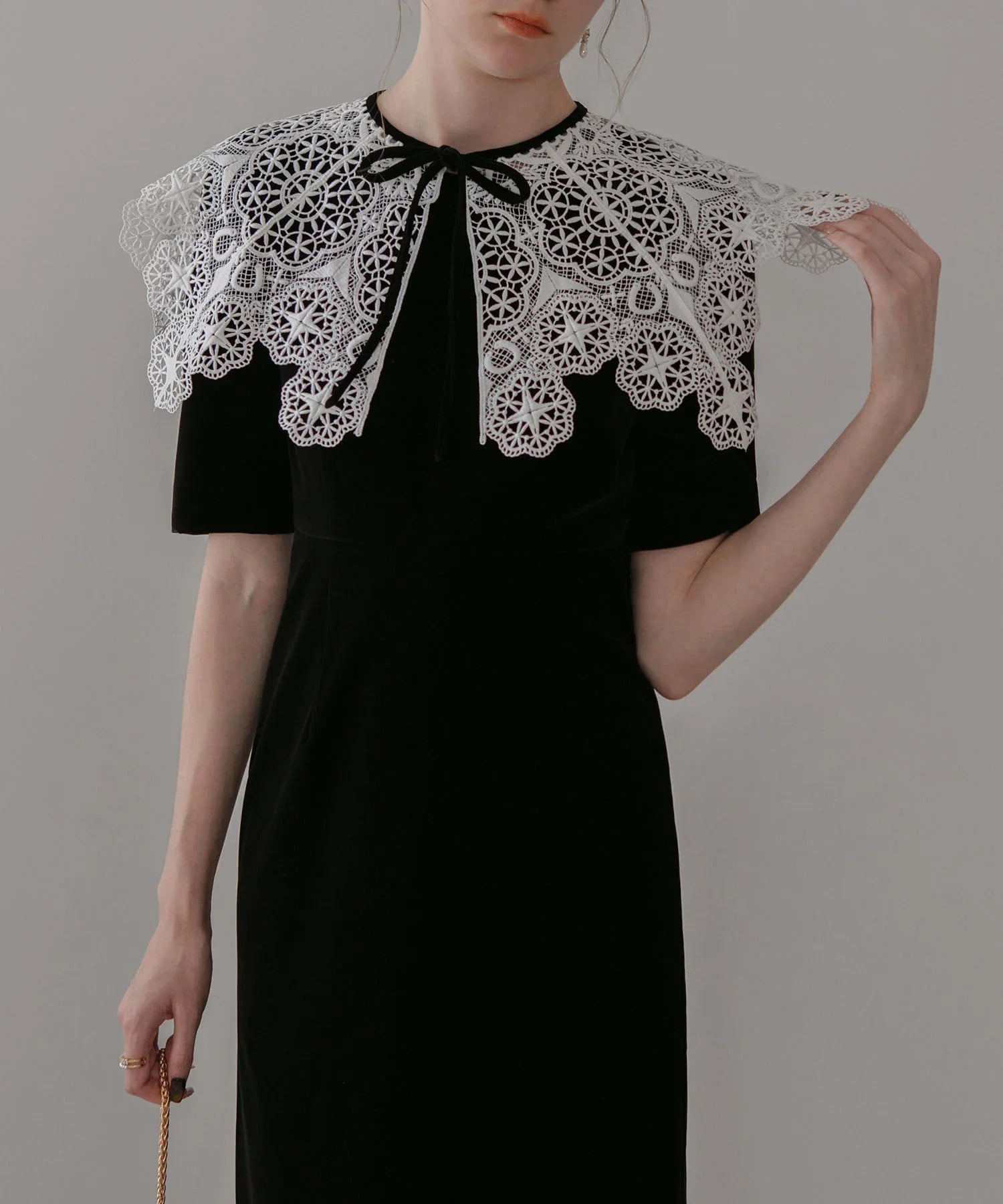 ￼￼ベロアIラインワンピースドレス 当日発送】レースカラーベロアIラインワンピースドレス