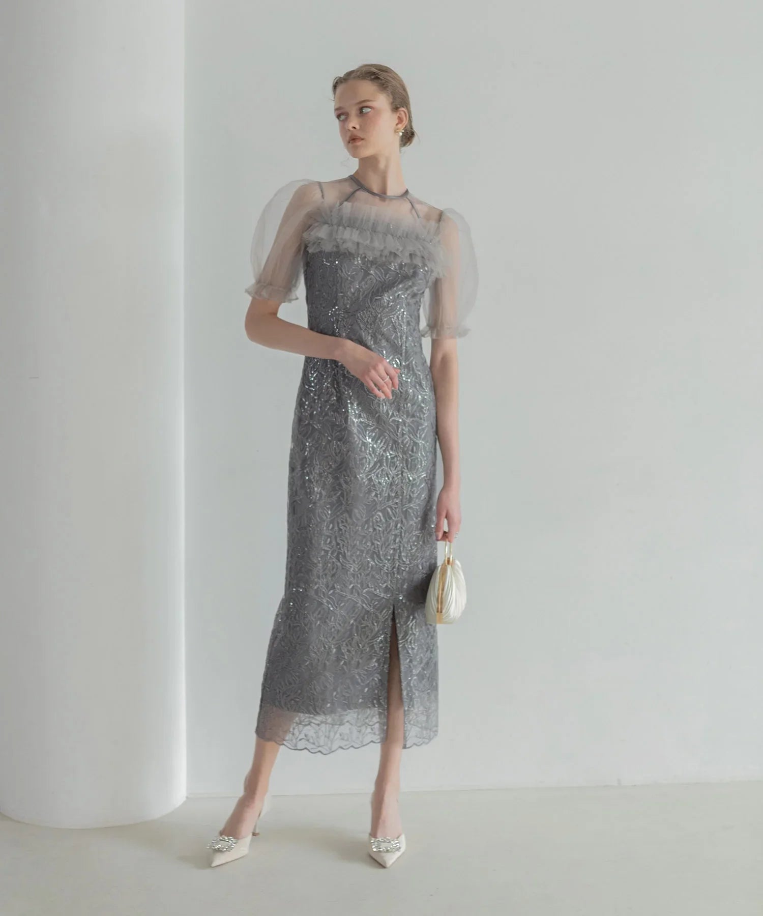 当日発送】チュールフラワースパンコールIラインワンピース結婚式ドレス