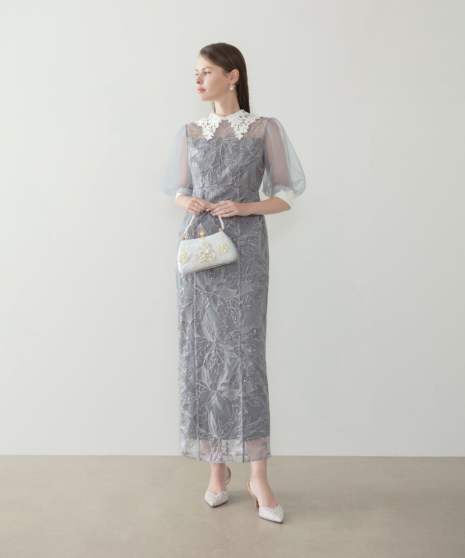 【当日発送】レースカラーリーフスパンコールパフスリーブIラインワンピースドレス