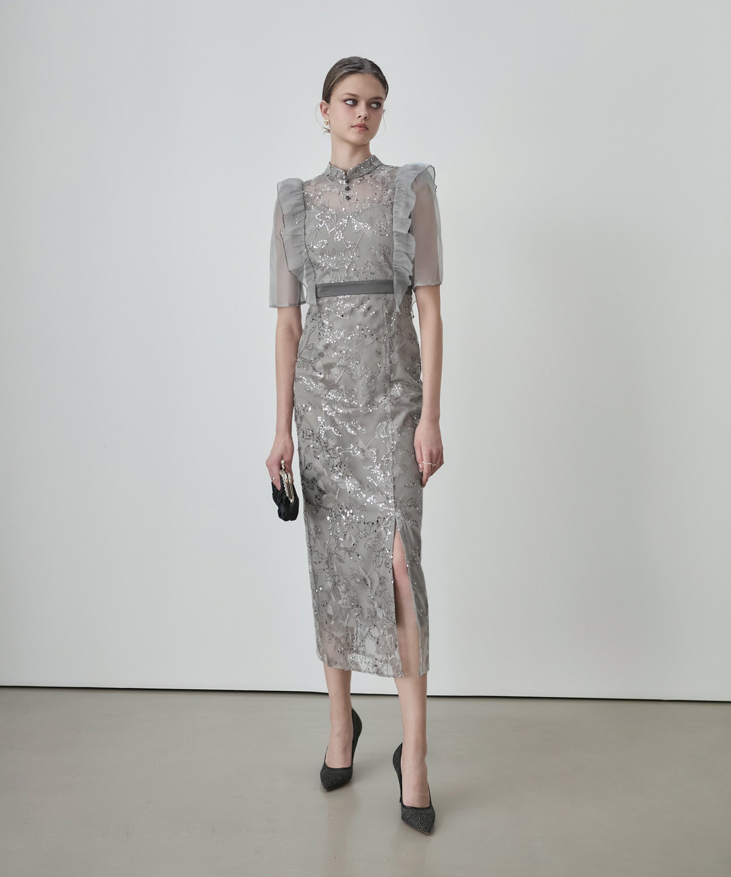 【当日発送】フラワースパンコールシアーフリルIラインワンピースドレス