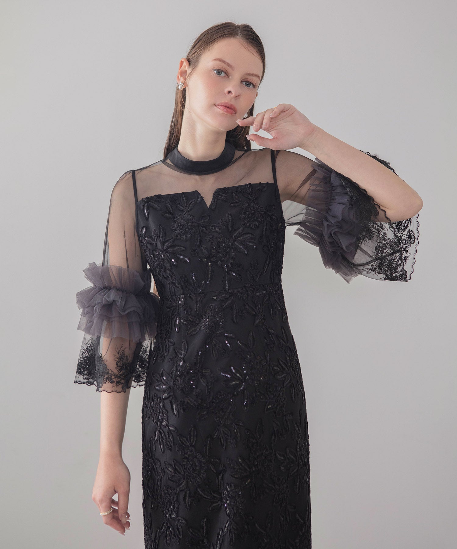 【COMING SOON】シアーチュールフラワーレースIラインワンピースドレス