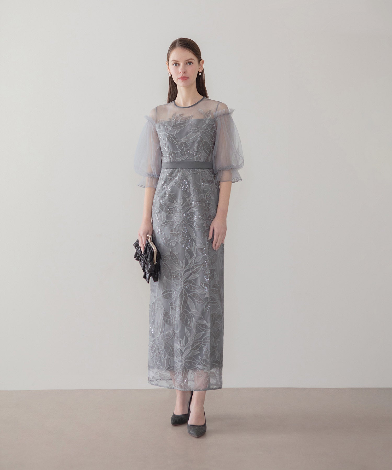 【当日発送】リーフスパンコールチュールパフスリーブIラインワンピースドレス