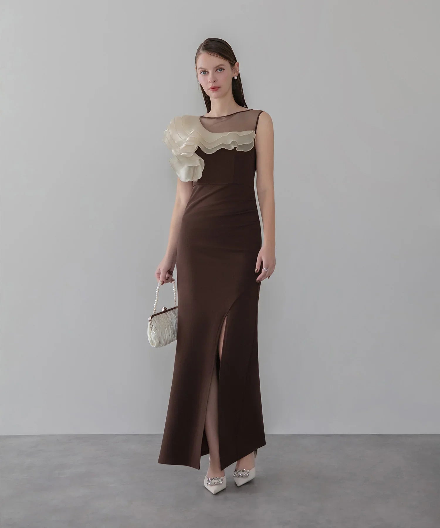 COMING SOON】アシンメトリーフリルスリットマーメイドドレス