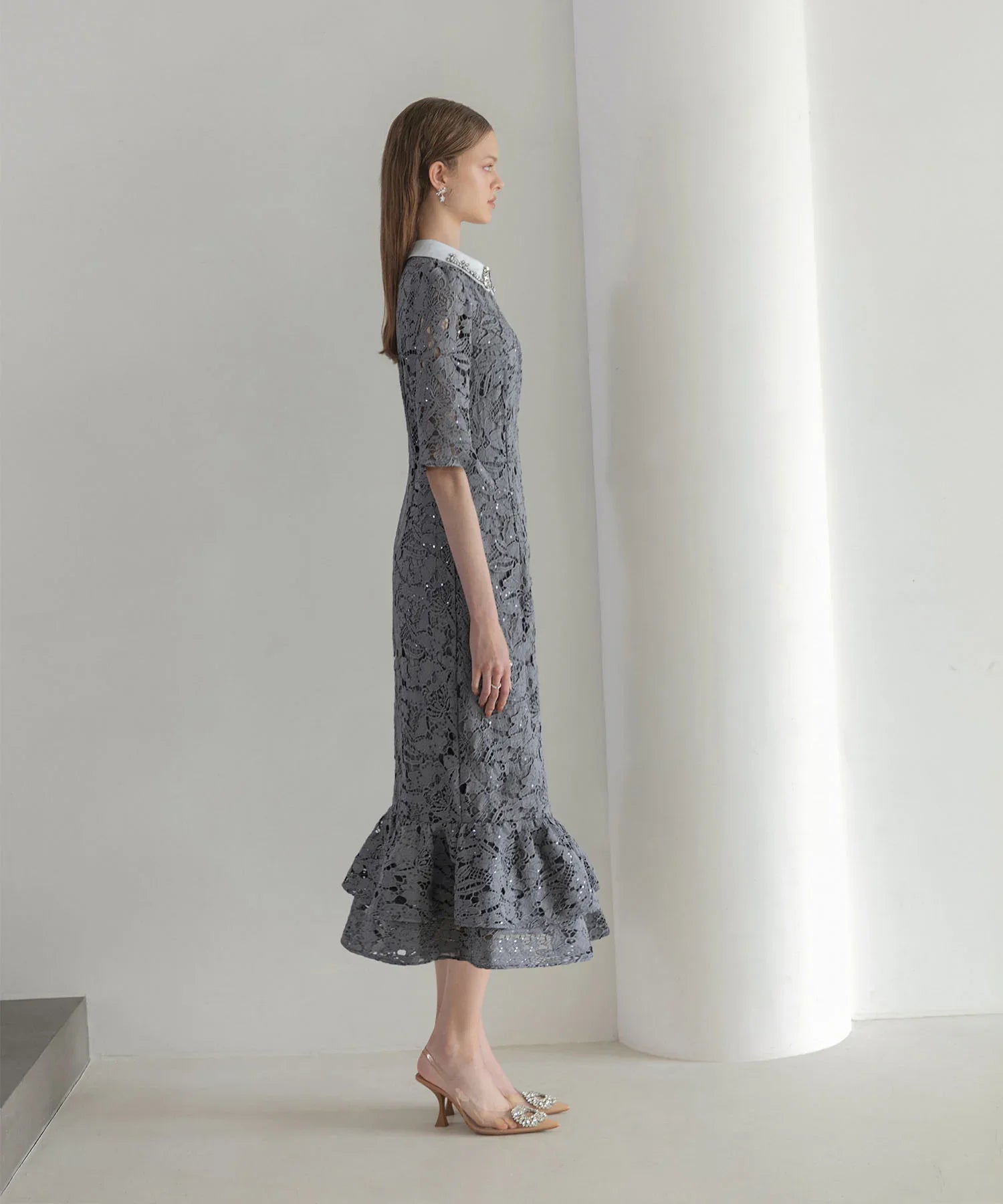 【当日発送】ビジューカラーフラワーフリルマーメイドワンピースドレス